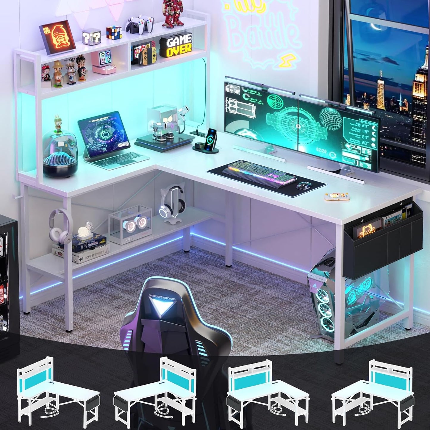 Aheaplus L Shaped Desk Gaming Desk, 59" L Shaped Computer Desk with LED Light & Power Outlet, Reversible Home Office Desk Gamer Desks with Shelves & Storage Bag & Hooks, Corner PC Desk, White