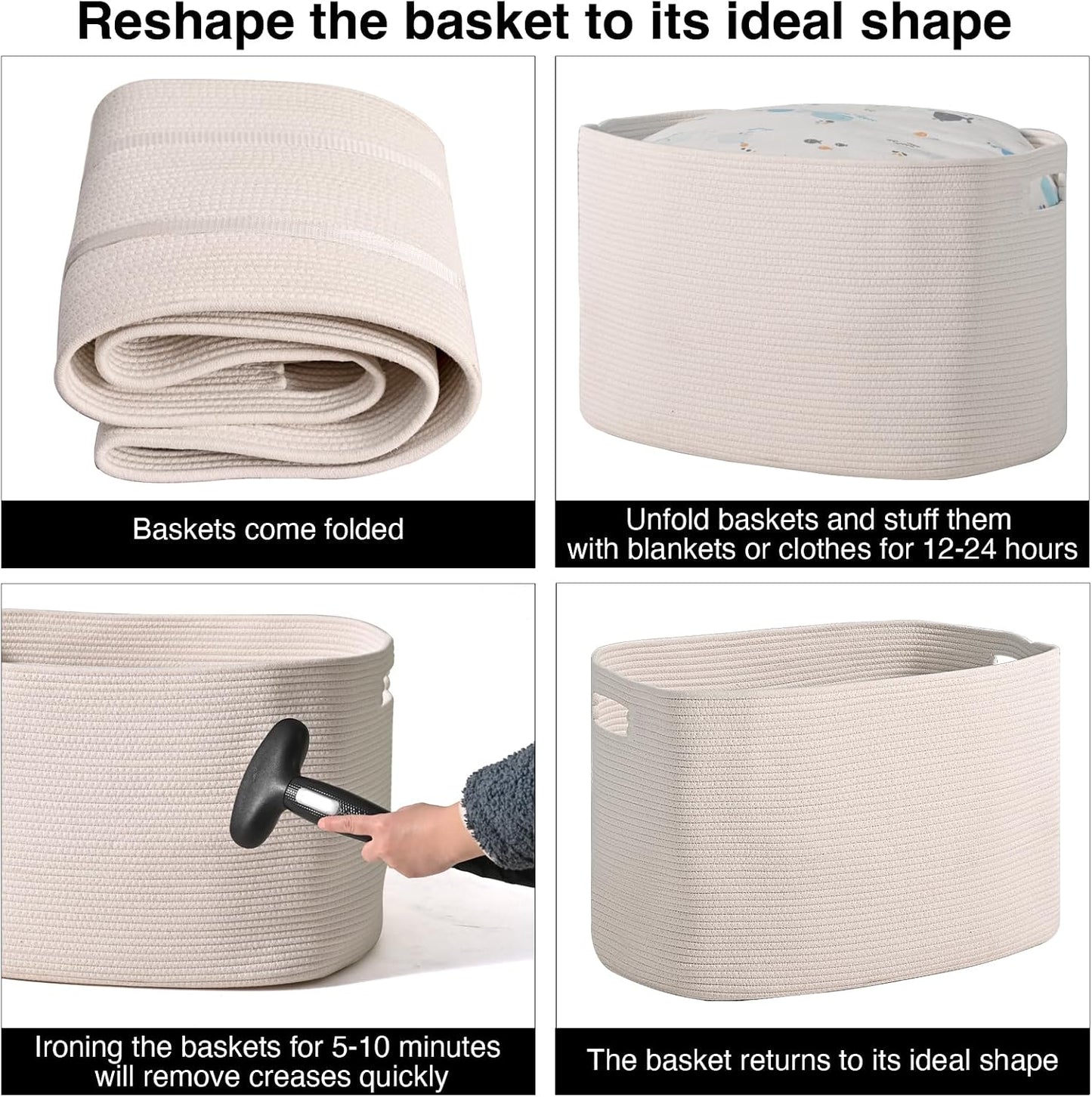 ICERZCZ White Laundry Basket, Blanket Baskets for Living Room, Cotton Rope Baskets for Storage, Woven Basket for Blankets, Toys, Clothes, Shoes, White, 25”x16”x16” (105L)