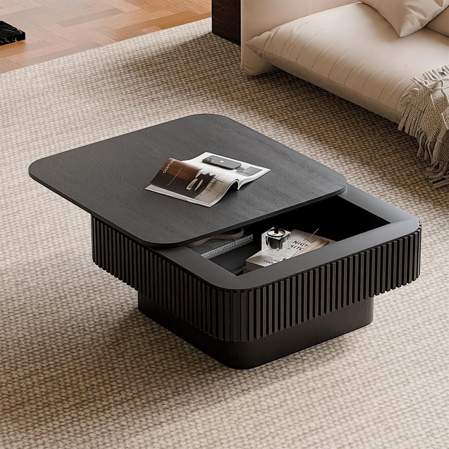 Square Coffee Table for Living Room,Fluted Drum Accent Tea Center Table with Storage,Solid Wood Modern Coffee Tables for Small Space Office Apartment (31.5" L×31.5''W×14''H-Black)