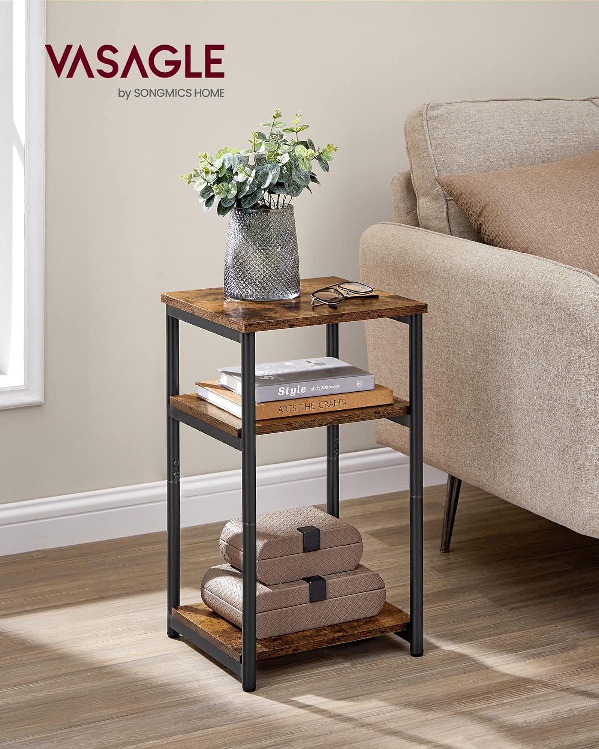 VASAGLE BARNET Collection - Side Table, Small End Table for Living Room, Modern Tall Nightstand, Bedroom, Office, Bathroom, Steel Frame, Rustic Brown and Ink Black ULET273B01