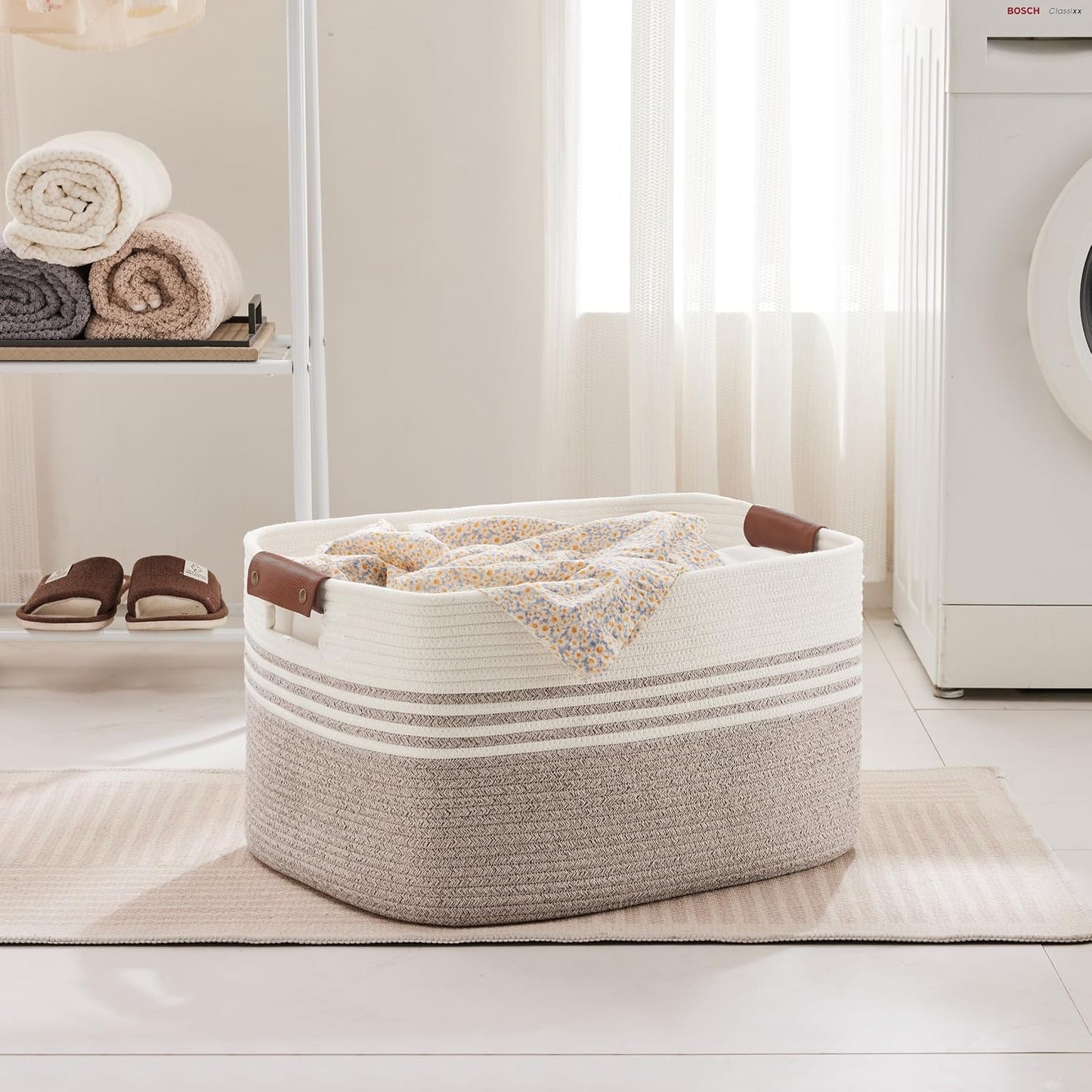 72L Large Woven Laundry Basket Hamper with Leather Handles,Brown