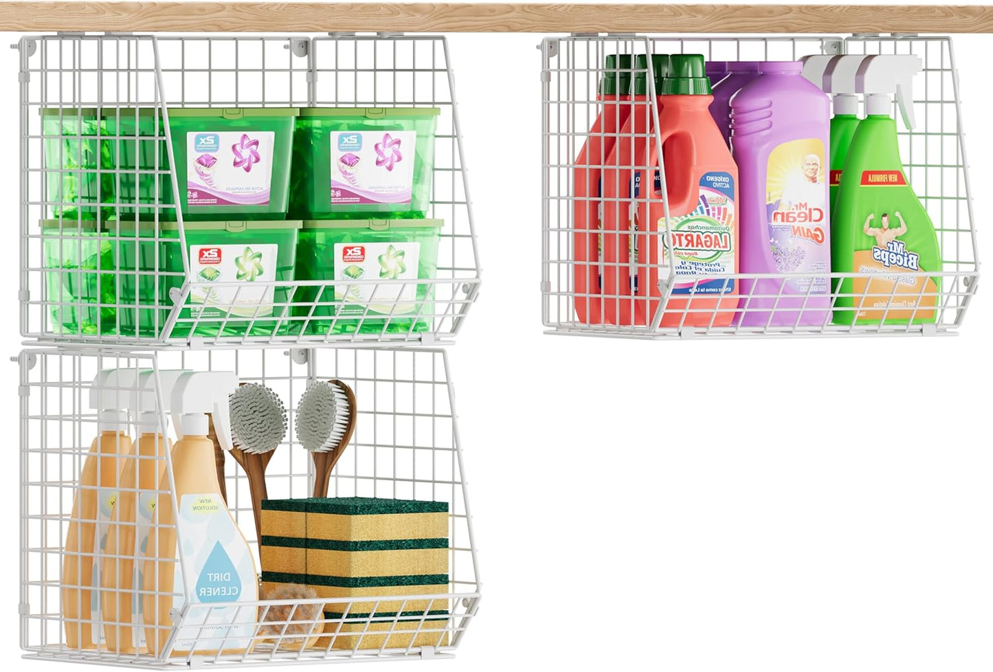 3 Pack Screw Mount Under The Wooden Shelf Laundry Room Organizer: Foldable Wire Basket Space Saving Over The Washer and Dryer - Laundry Organization and Storage, White Patent