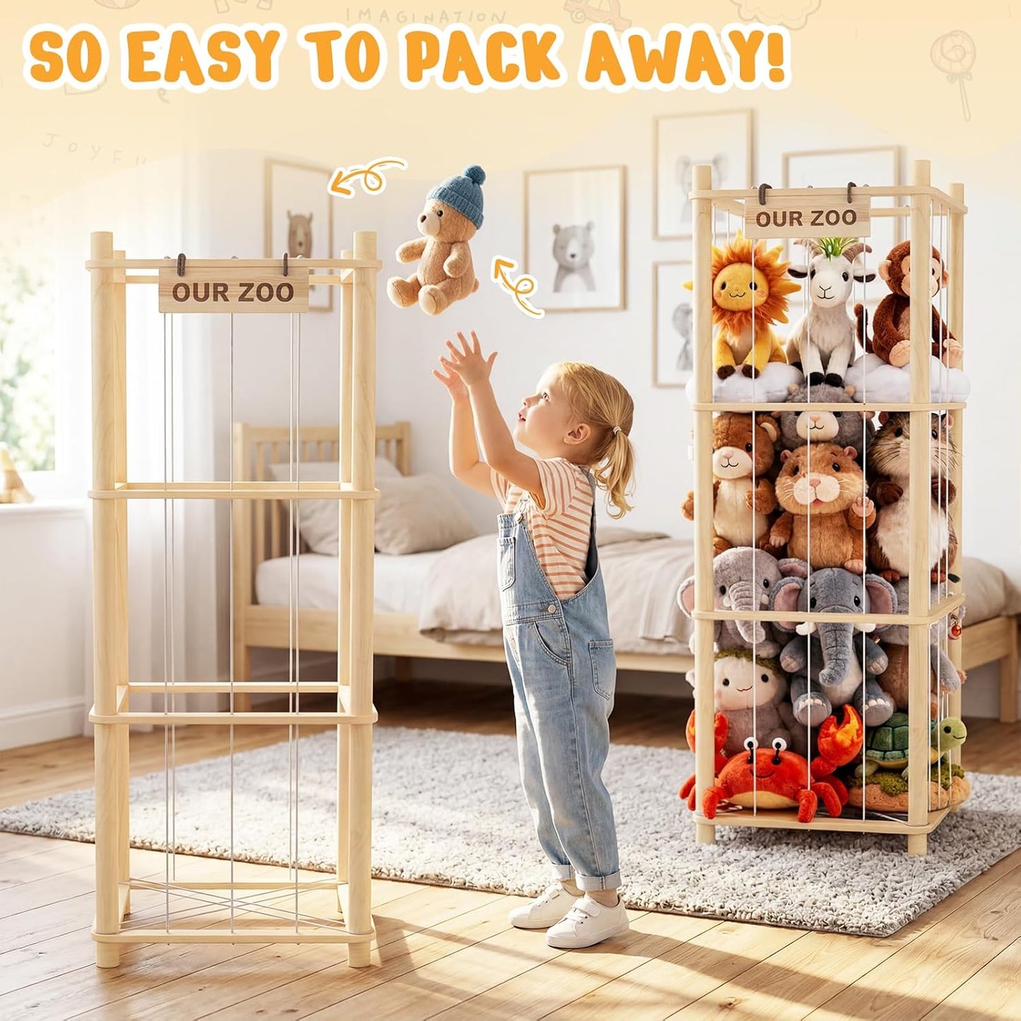 Woodure Stuffed Animal Storage & Organizer, Wooden Cute Zoo Toy Holder for Toddler Rooms, Playrooms & Bedrooms(2pcs)