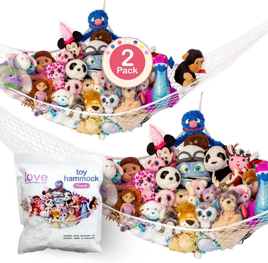 Stuffed Animal Hammock 2 Pack | Corner Stuffed Animal Storage & Plushie Net | Toy Hammock for Stuffed Animals | Holds 12lbs | Easy Hang, All Hardware Included | White Bedroom Decor | by Lilly's Love