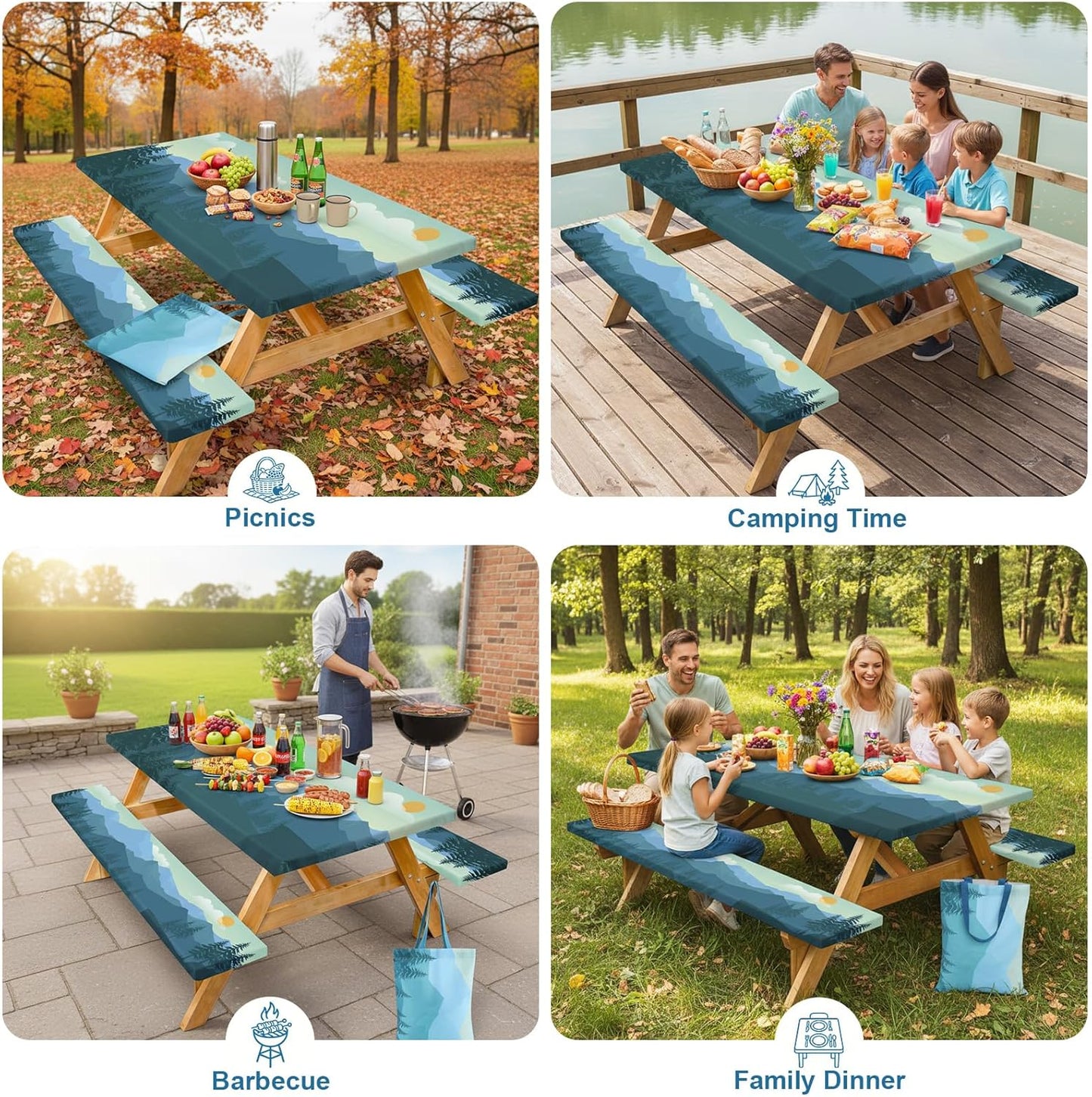 Picnic Table Cover with Bench Covers and Bag, 72in Camping Tablecloth, Waterproof Windproof Elastic Edges Fitted Rectangle Tables RV Gear Campers Must Have（Green）