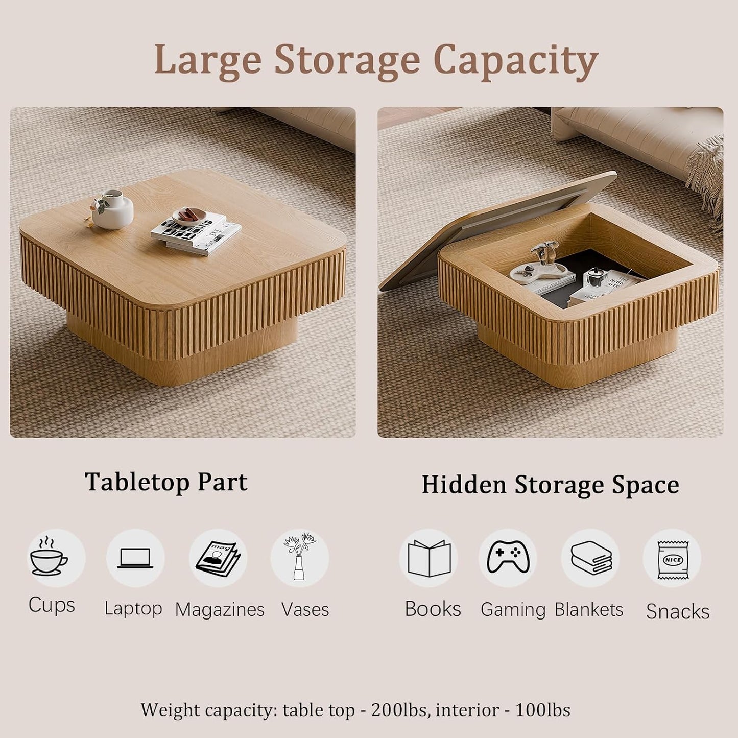 31.5" Square Coffee Table with Hidden Storage Compartment, Modern Handcraft Fluted Drum Coffee Table,Wooden Square Center Table Cocktail Tea Table with Sturdy Pedestal for Living Room,Natural