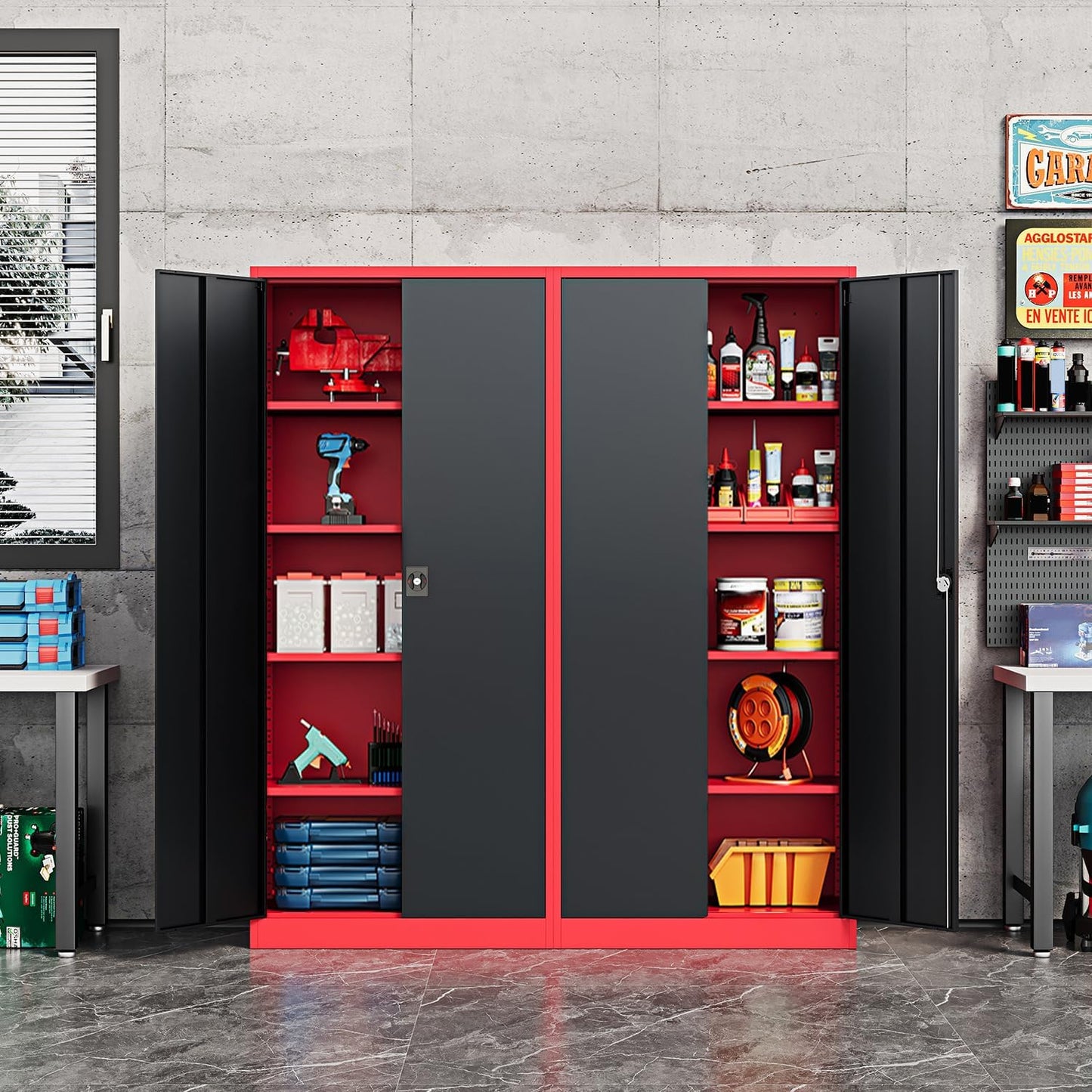 Fesbos Metal Storage Cabinet-71” Tall Steel File Cabinets with Lockable Doors and Adjustable Shelves-Black&Red Steel Storage Cabinet for Home,Kitchen, School, Office, Garage