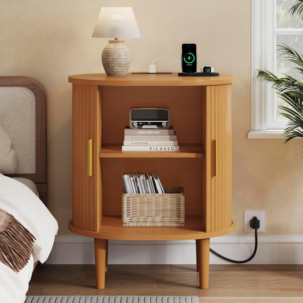 DHH Mid Century Modern Nightstand with Charging Station, Fluted Accent Side Table with Sliding Door & Adjustable Shelf, End Table for Small Space, Living Room, Bedroom,Sofa Couch(1, Yellow)