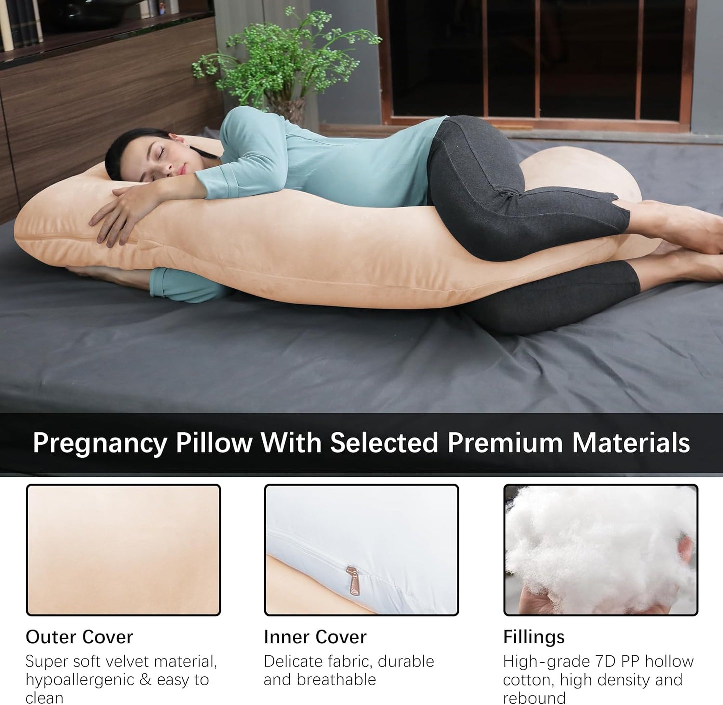 MOON PARK Pregnancy Pillows for Sleeping - U Shaped Full Body Maternity Pillow with Removable Cover - Support for Back, Legs, Belly, Hips - 57 Inch Pregnancy Pillow for Women - Brown