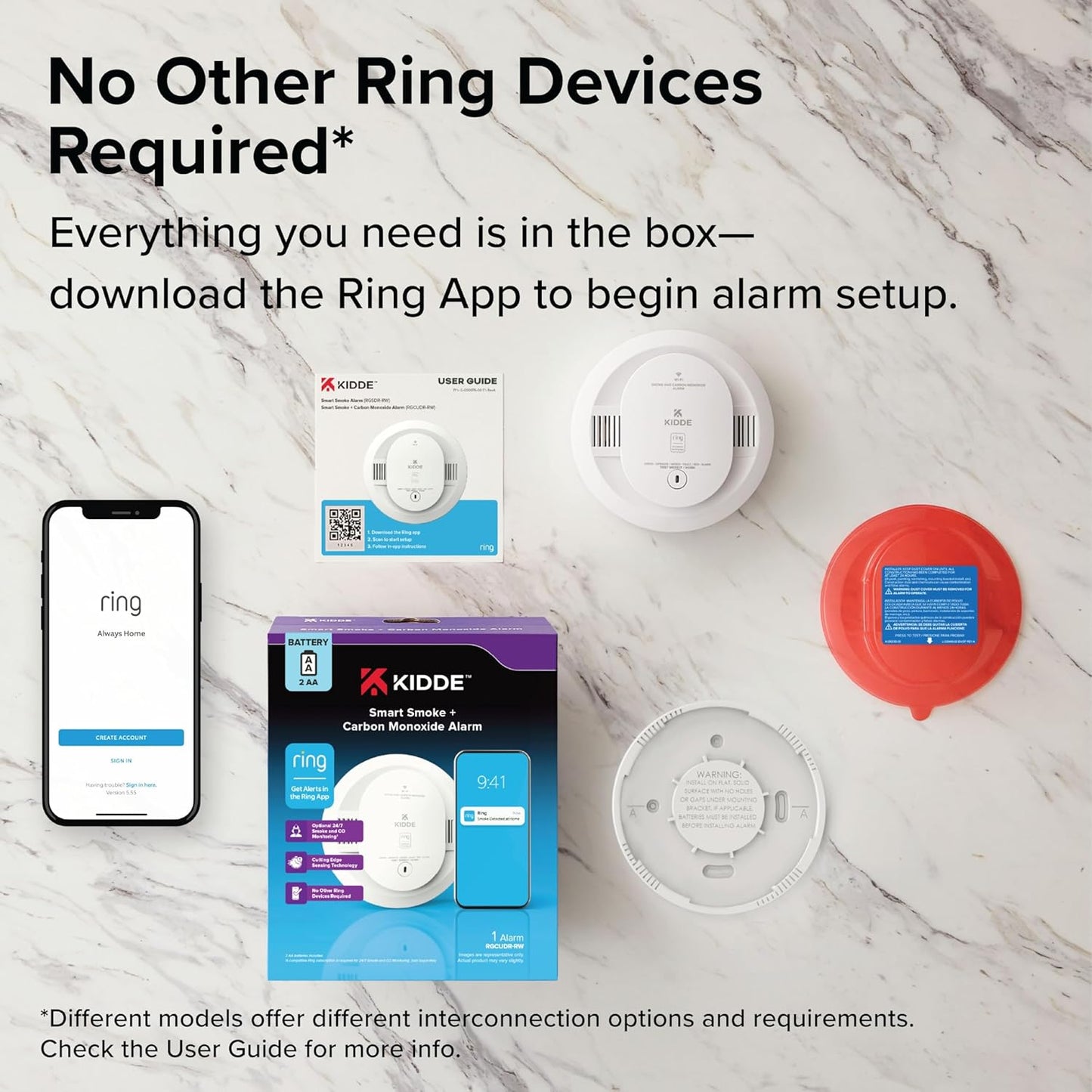 Kidde Smart Smoke and Carbon Monoxide Detector, Ring App Enabled for Real-Time Notifications, Wire-Free Interconnectivity, AA Battery Powered
