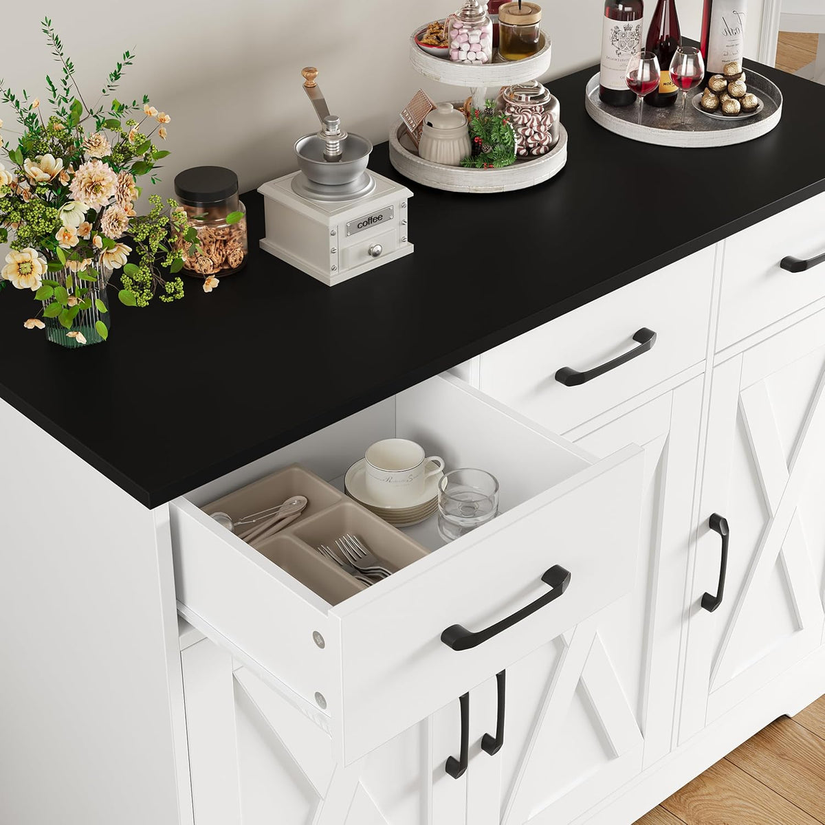 HOSTACK Kitchen Buffet Cabinet with Storage, Sideboard Coffee Bar, White | Farmhouse Kitchen Storage Cabinet with 3 Drawers & Adjustable Shelf & Doors, 42.5"W Buffet Table for Dining Living Room