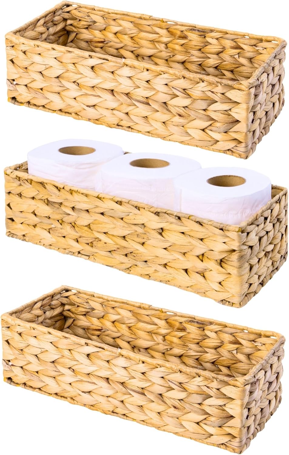 M4DECOR Set of 3 Wicker Toilet Paper Holders – Toilet Tank Basket, Back of Toilet Basket, Wicker Baskets for Storage and Decorative Bathroom Organization