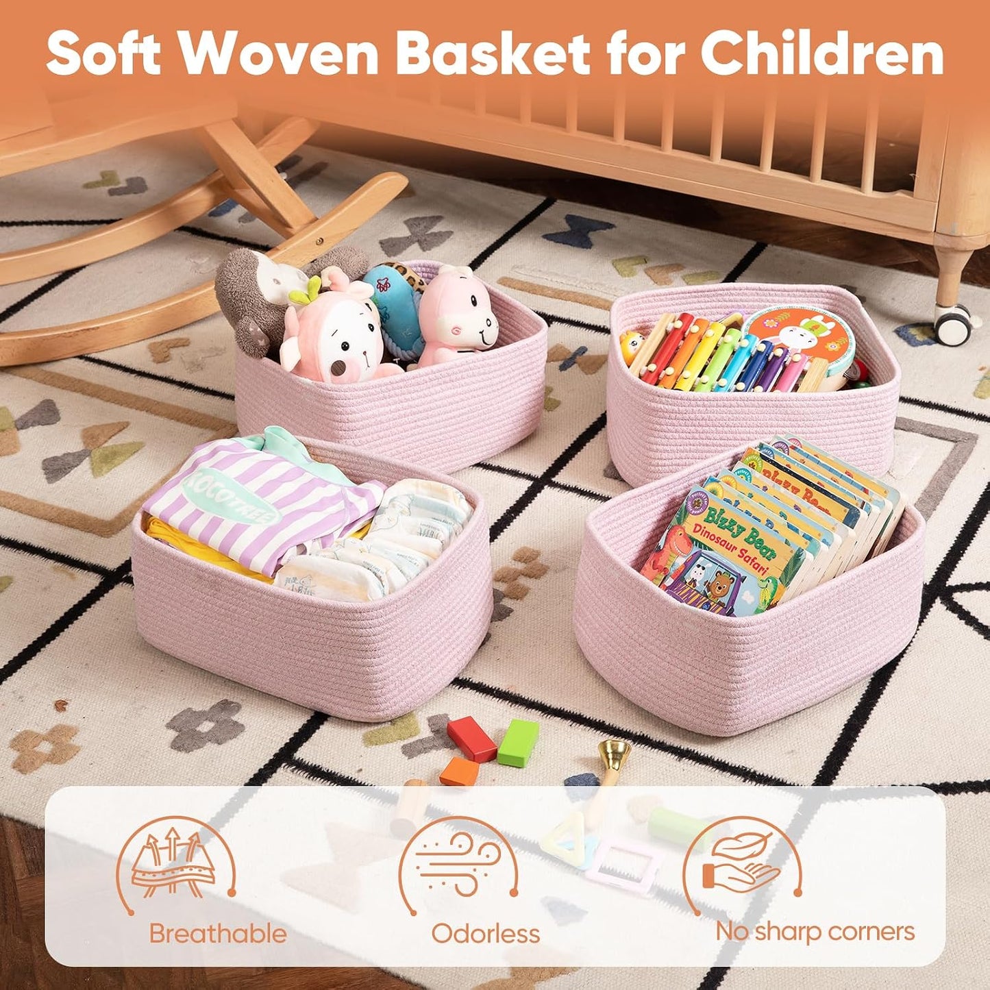 OIAHOMY 4 Pack 14.17 * 11.02 * 6.3IN Storage Baskets for Organizing Shelves, Woven Rope Baskets for Organizing Books, Clothes, Decorative Basket for Living Room, Nursery, Bedroom, Gift Basket, Pink