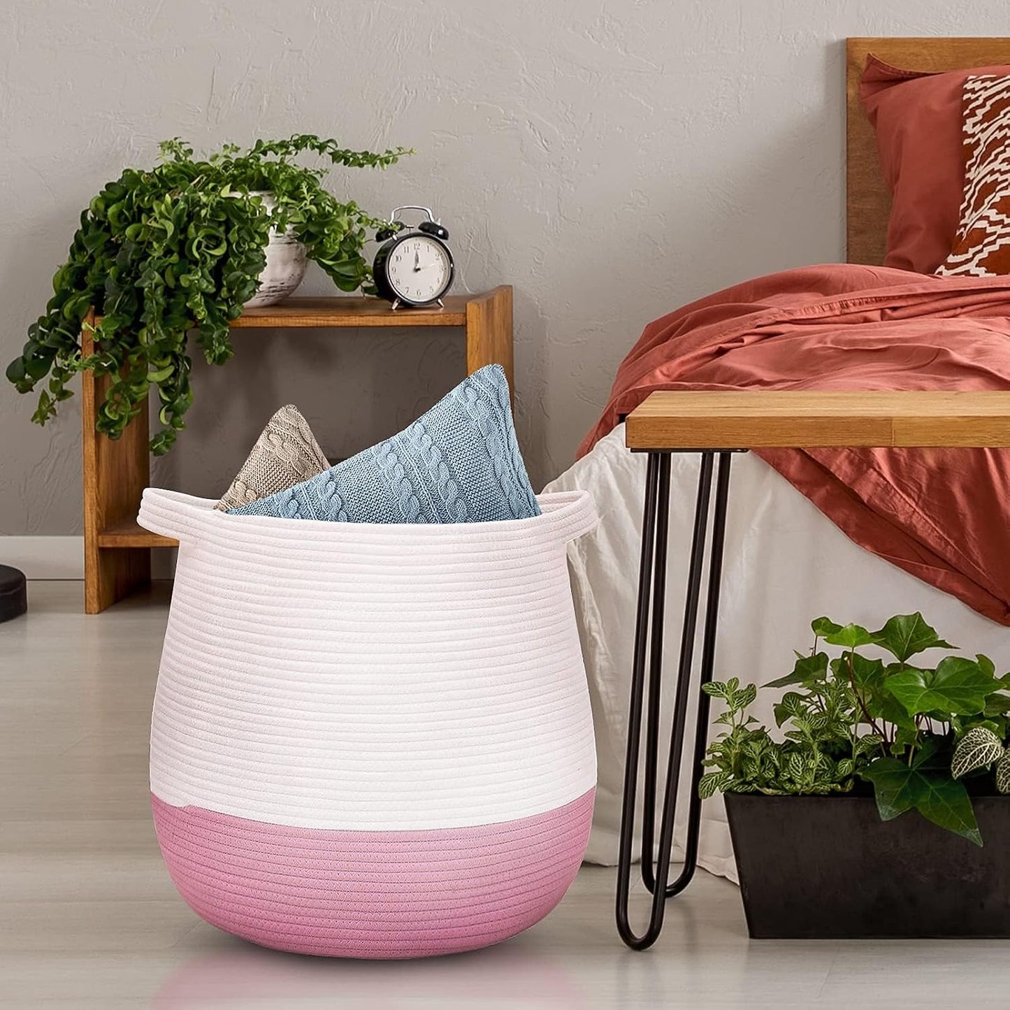 Large Cotton Rope Basket, Woven Storage Basket for Toy, Laundry and Blanket Organizer, Round Hamper Basket with Handles for Kid's Room 17.7"x16.9"