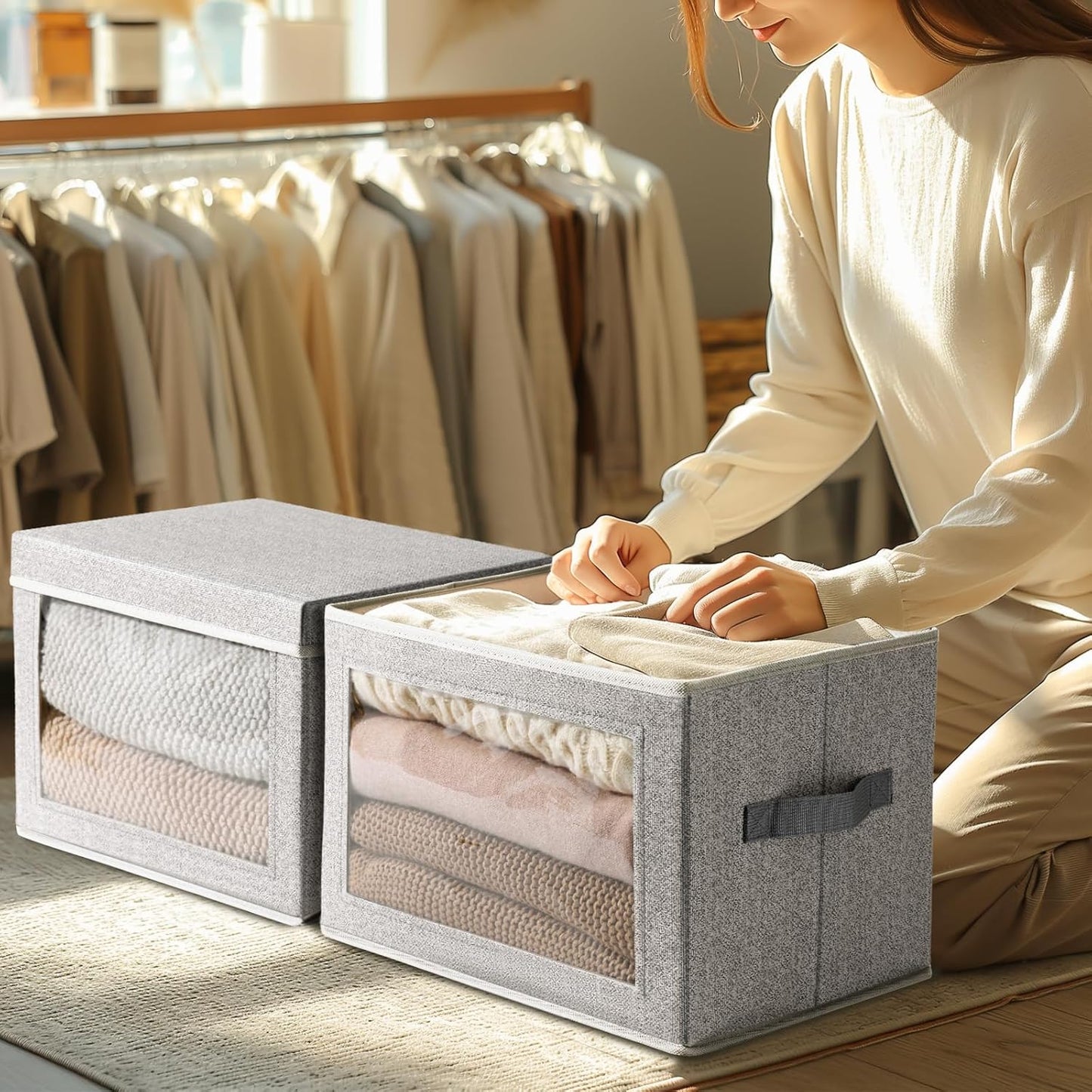 Homsorout Storage Boxes with Lids - 3 Pack Fabric Clear Window Storage Bins, Collapsible Storage Bins with Lids, Linen Closet Organizer for Clothes, Towel, Blanket, Light Grey