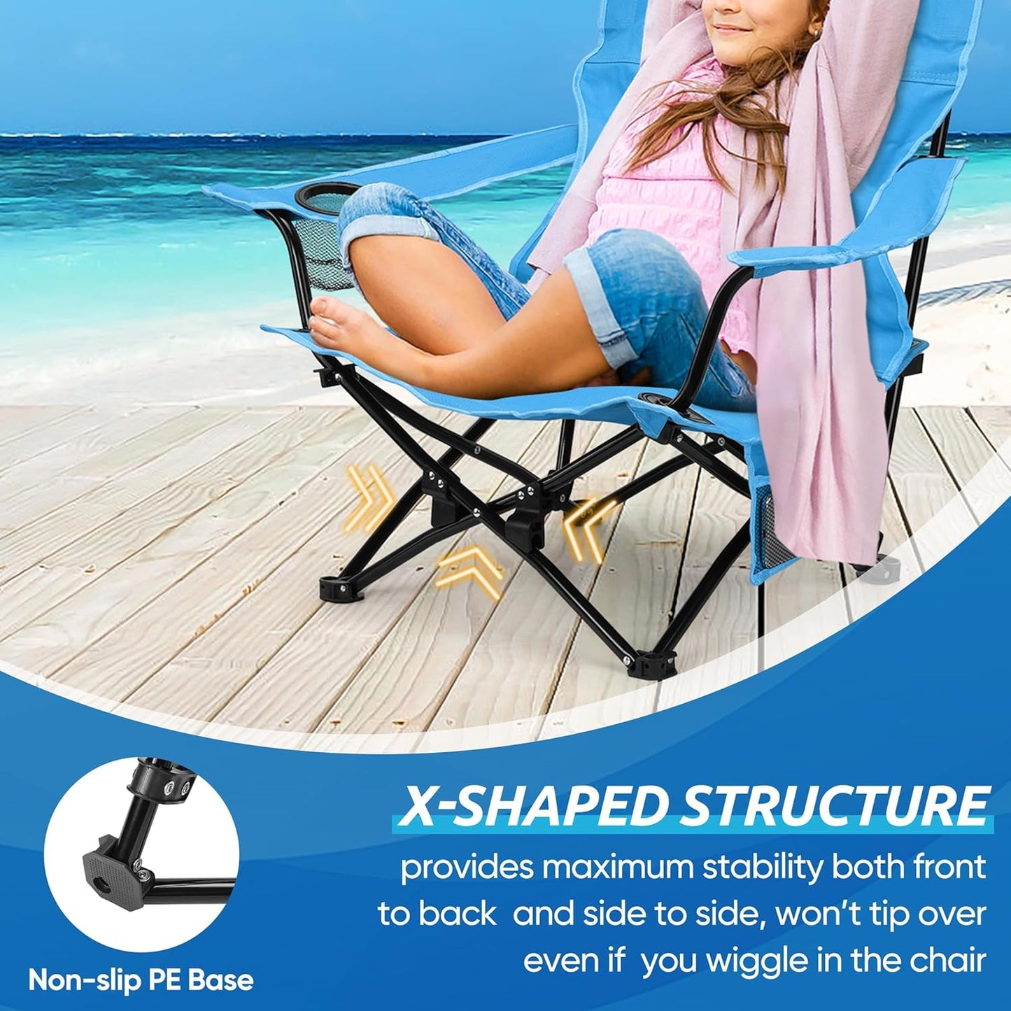HaSteeL Folding Beach Chair, Foldable Blue Camping Chairs for Outside, Low Beach Chair Portable for Adults Fishing, Picnic, Outdoor BBQ, Travel, Sports, Cup Holder & Storage Bag