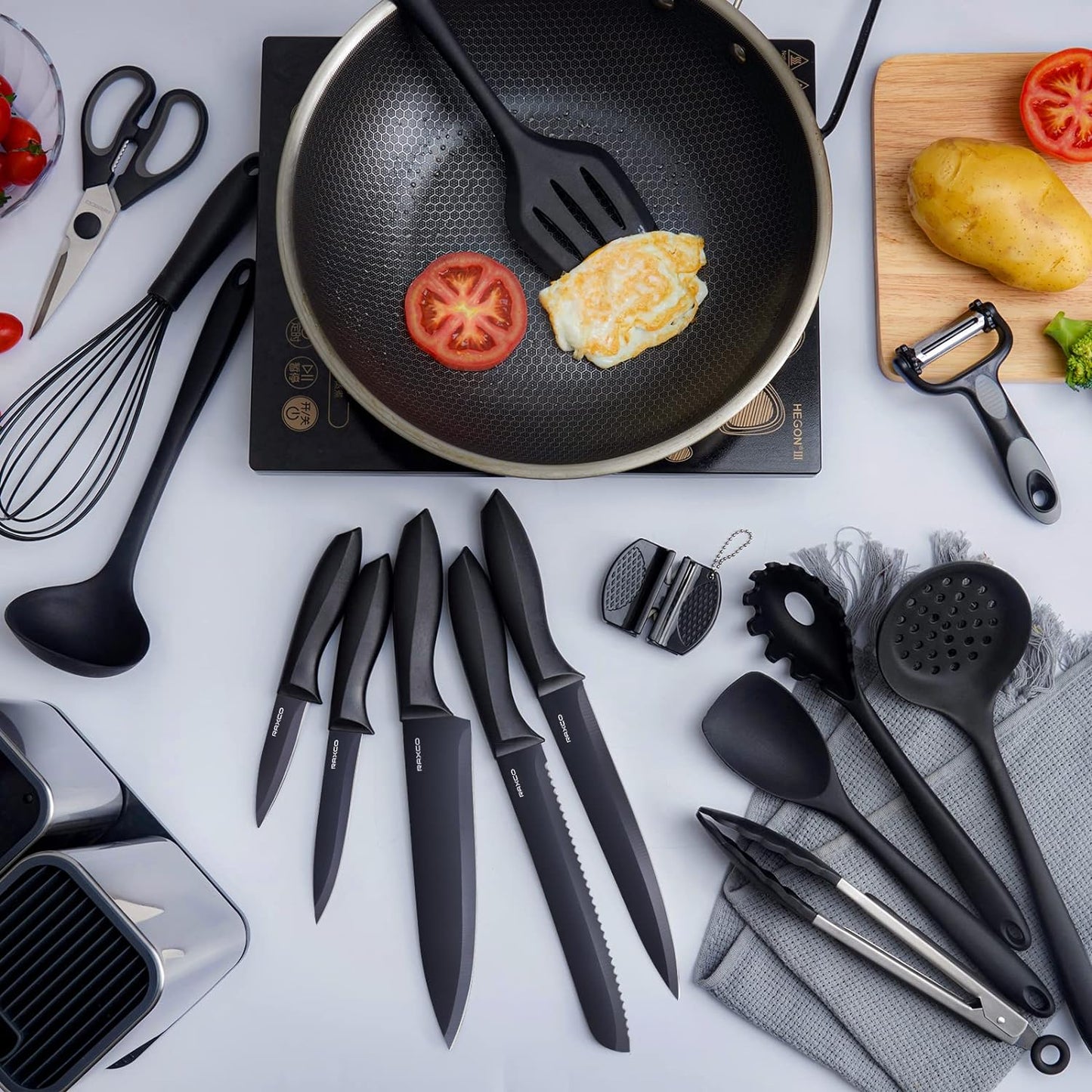 RAXCO Kitchen Utensils Set For Cooking,7 Cooking Utensils,5 Kitchen accessories,6 Knife set,utensilios de cocina,Black