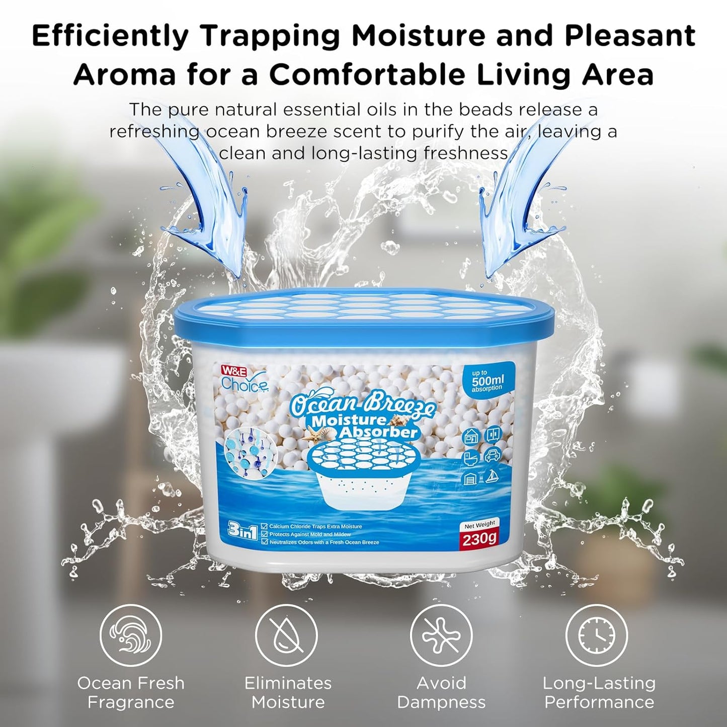 W&E Choice Moisture Absorbers with Ocean Breeze, Portable Dehumidifier for Closet & Bathrooms, Kitchen, Humidity Absorber Odor Eliminator Absorber 6 Pack