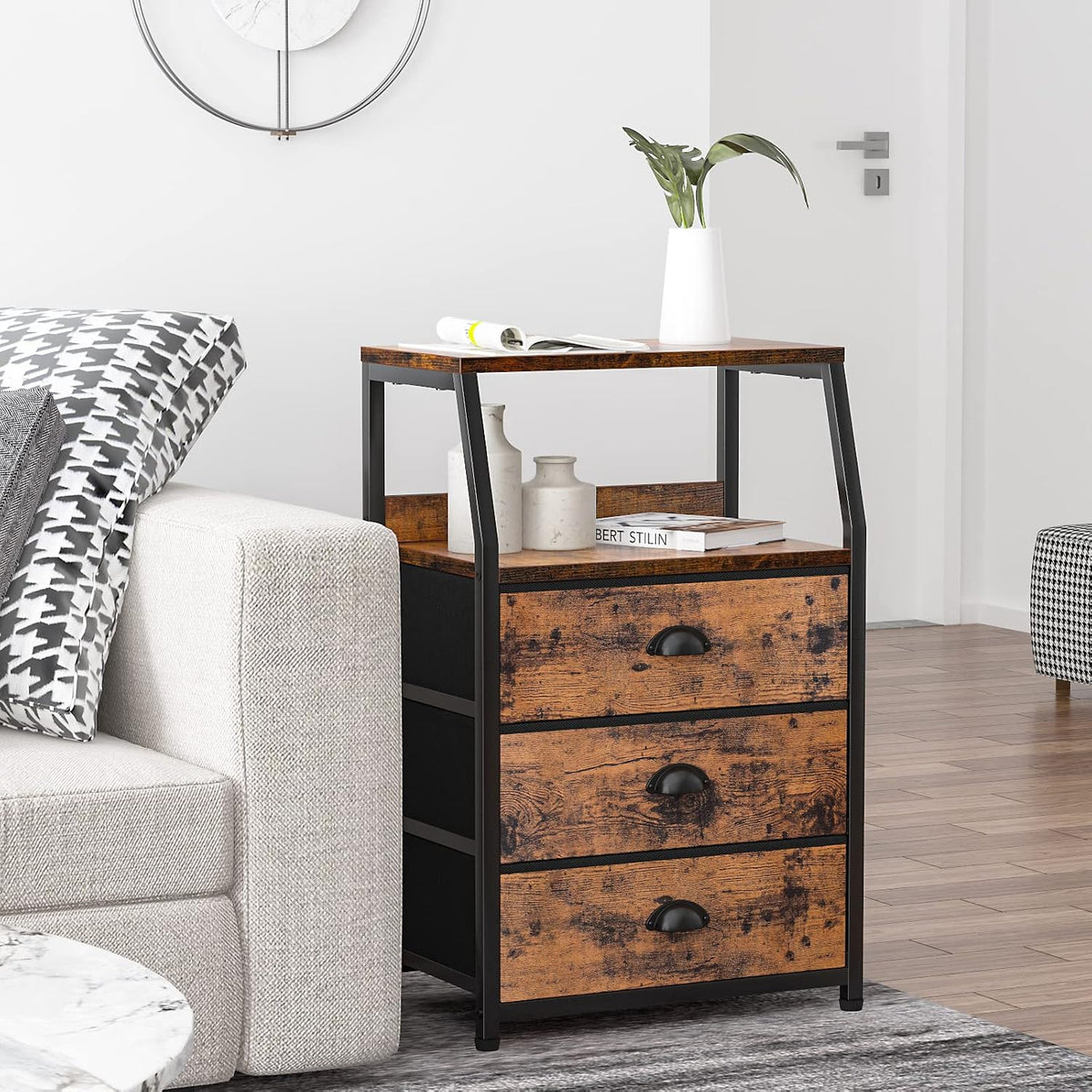 Furnulem Nightstand with 3 Fabric Drawers, Small Bedroom Storage Cabinet