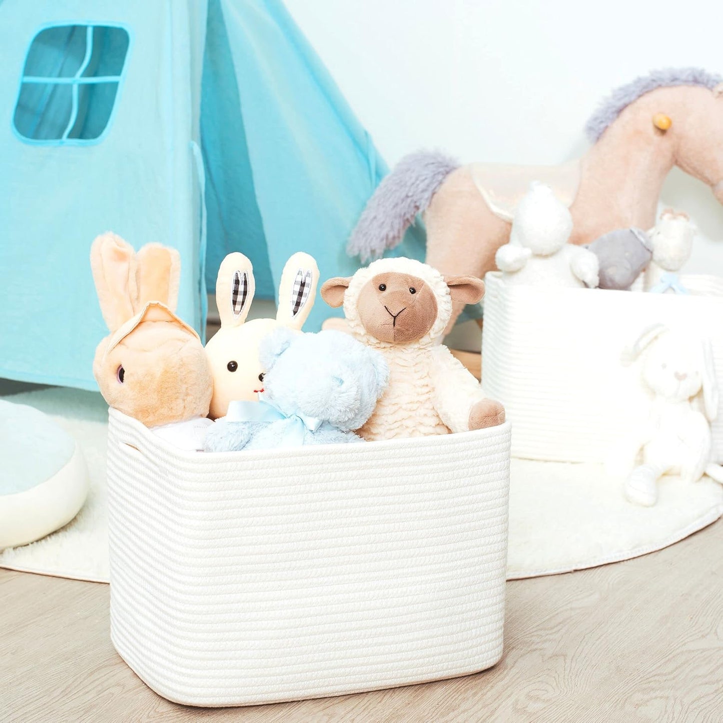 MINTWOOD Design 3-Pack Storage Baskets for Shelves, Playroom and Classroom, Book Basket, Decorative Cube Bins, Woven Closet Organizers, Baby Nursery Baskets, Creamy White