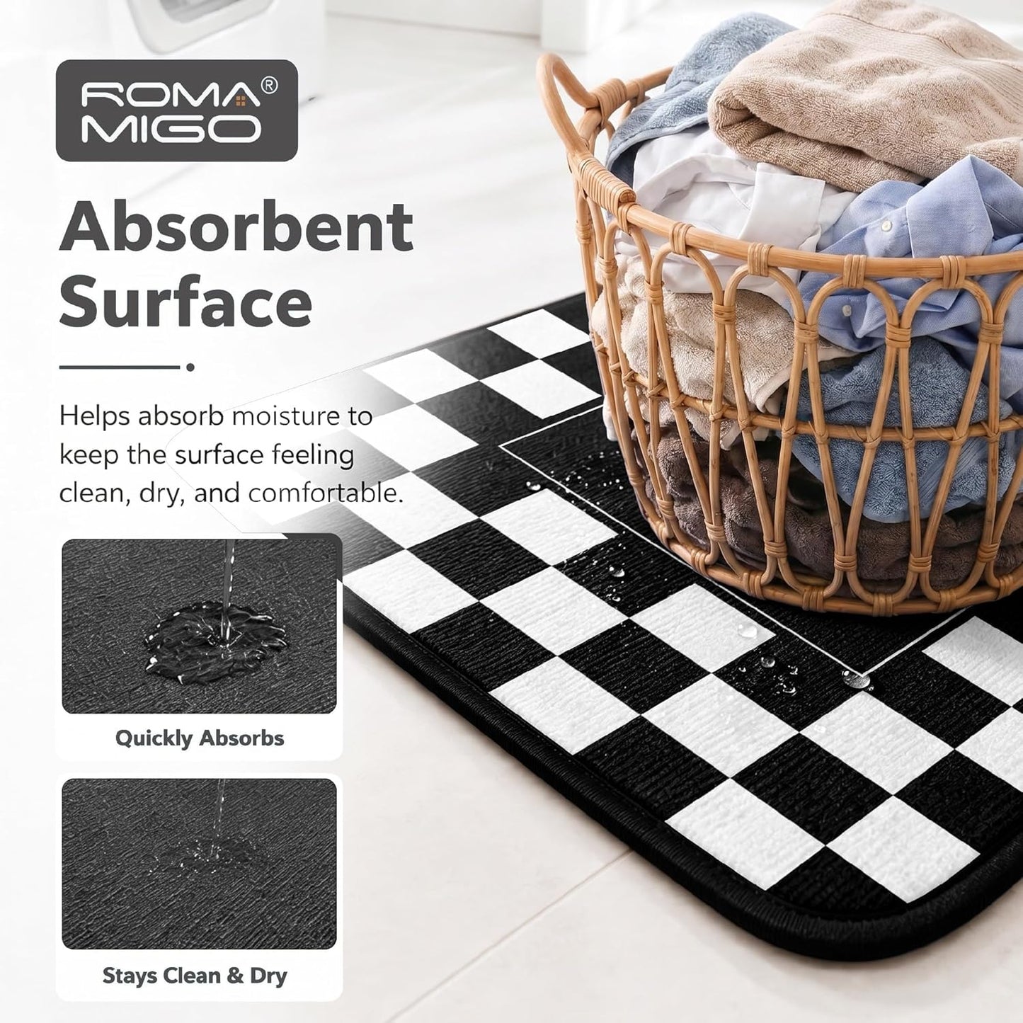 ROMAMIGO Laundry Room Rug Runner Non Slip Laundry Mats Mudroom Laundromat Runner Farmhouse Kitchen Floor Mat Bathroom Laundry Room Decor Accessories(20 X 47 inch, Black Checkerboard)