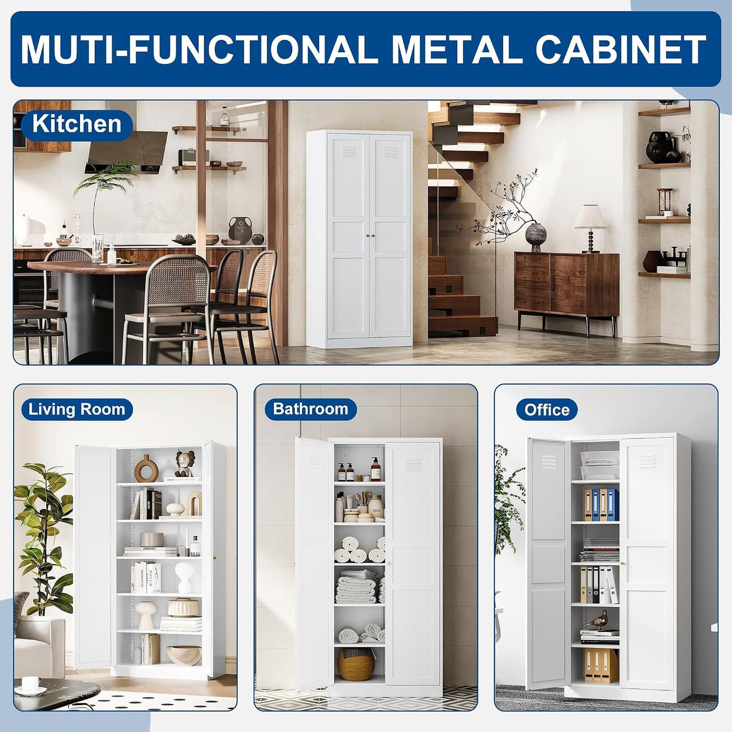 Fesbos Metal Storage Cabinet-71” Tall Steel File Cabinets with Doors and 5 Adjustable Shelves-White Steel Storage Cabinet for Home,Kitchen, School, Office, Garage