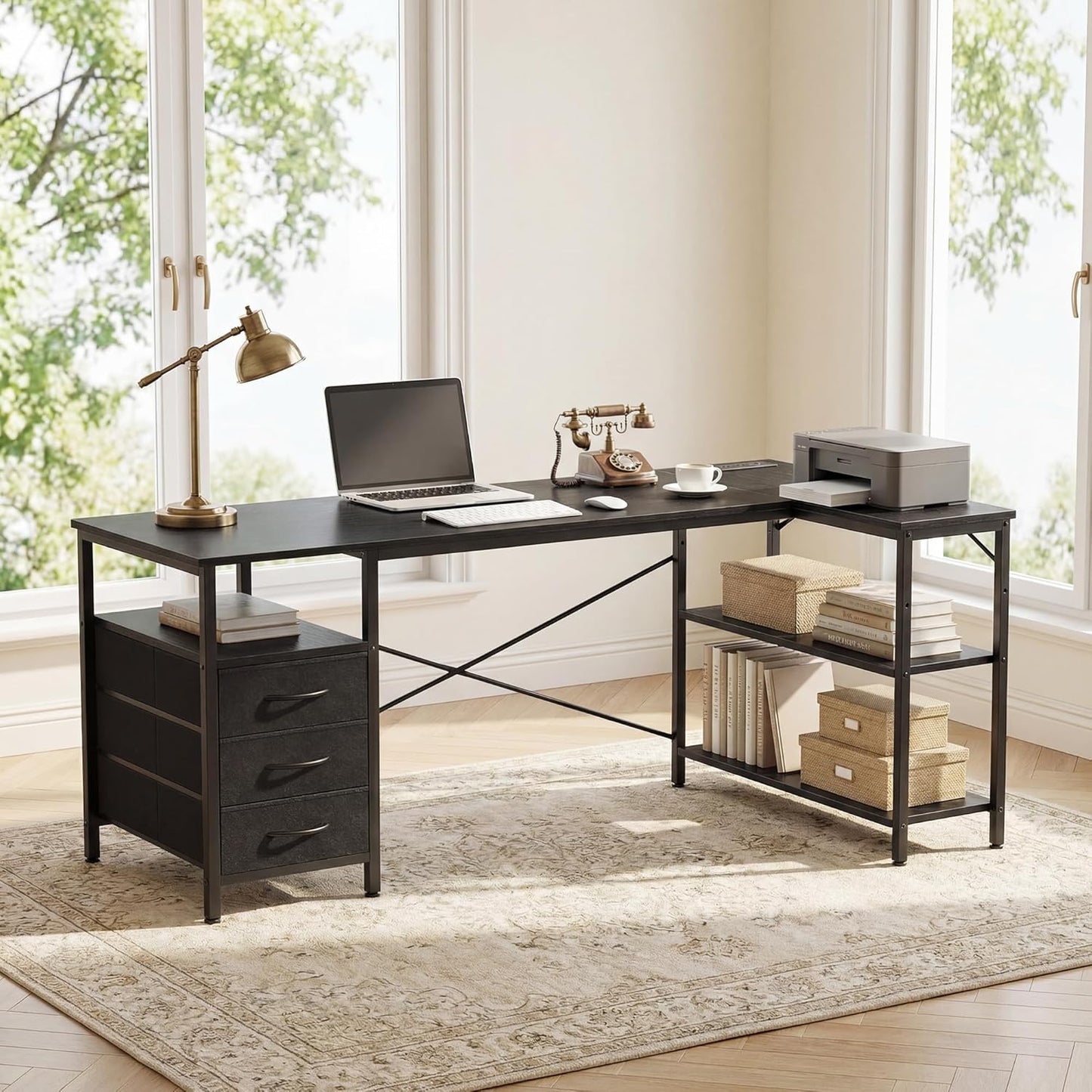 Alpen L Shaped Computer Desk, 47 Inch Corner Desk with Drawers and Power Outlets, Home Office Desk for Gaming, Study Writing PC Table with Storage and Reversible Shelf, Black