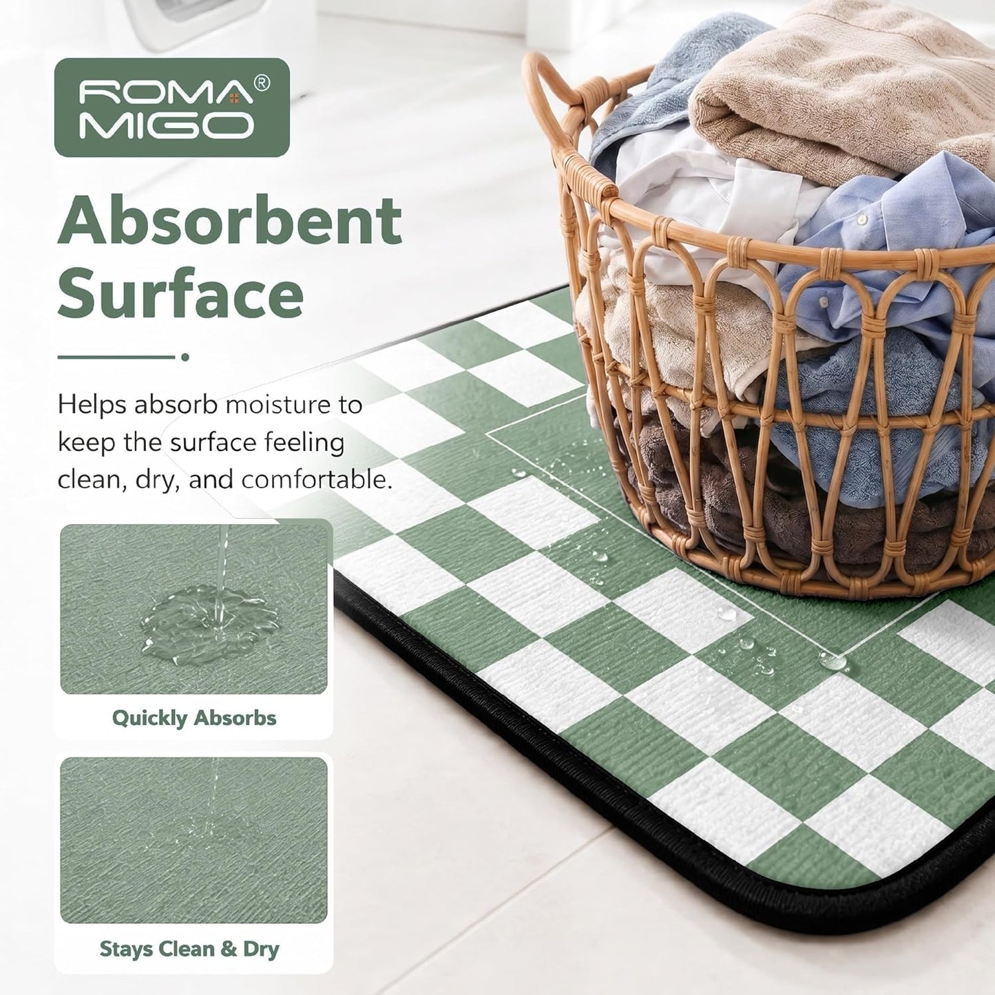 ROMAMIGO Laundry Room Rug Runner Non Slip Laundry Mats Mudroom Laundromat Runner Farmhouse Kitchen Floor Mat Bathroom Laundry Room Decor Accessories(20 X 47 inch, Green Checkerboard)