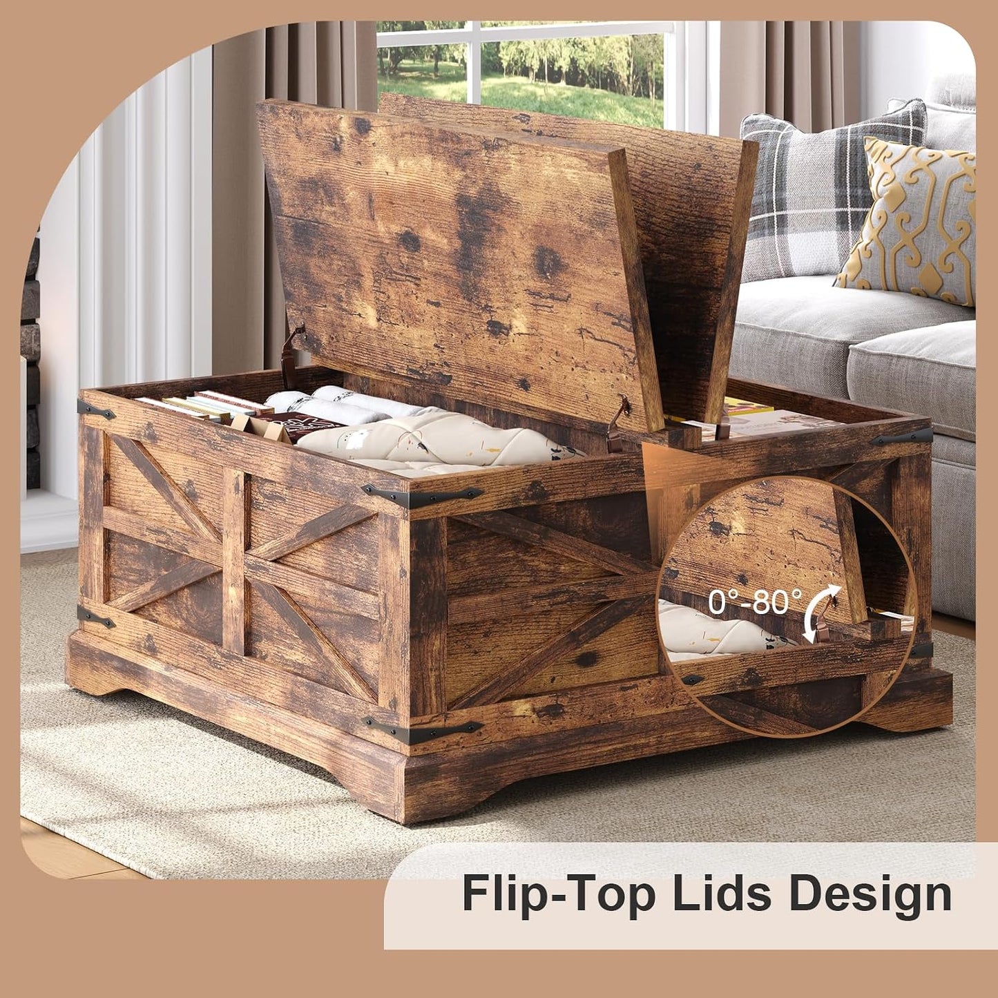 MXV Farmhouse Coffee Table with Storage, Square Coffee Tables for Living Room, Rustic Wood Center Table with Hinged Lifting Tabletop for Home, Brown