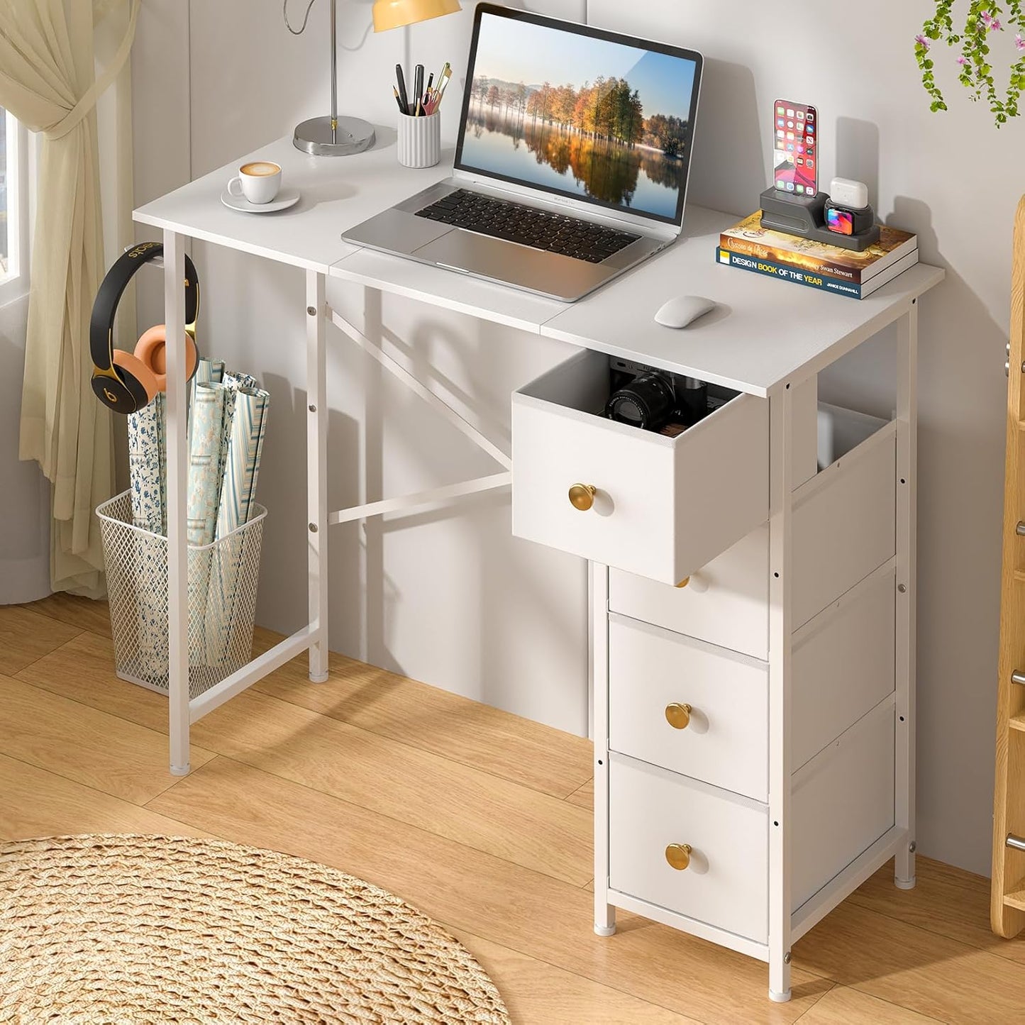 Small White Desk with Drawers for Bedroom, 35.4 Inch Kids Girls Teens Student Writing Desk with Storage, Reversible Study Table, White Computer Desk for Home Office, Makeup Vanity Desk for Small Space