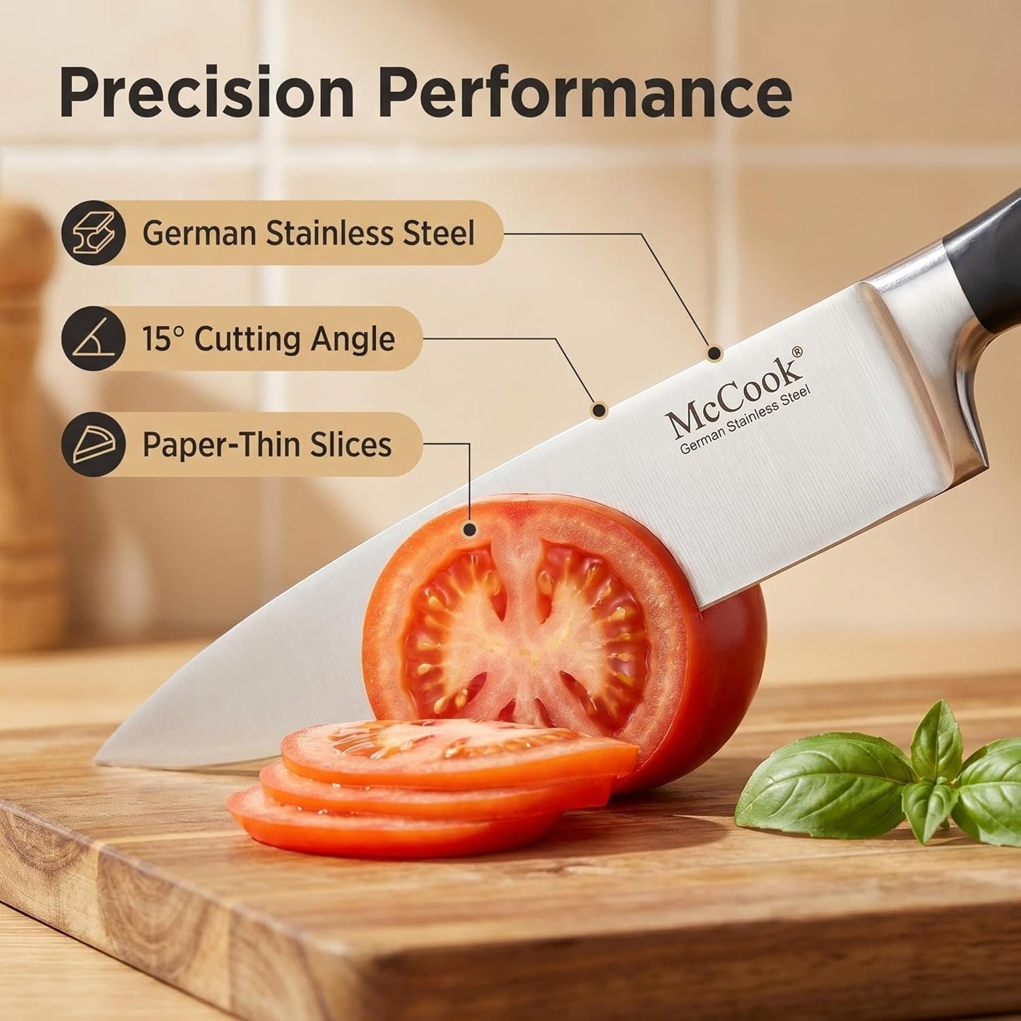 McCook® Knife Sets, German Stainless Steel Kitchen Knives Set with Built-in Sharpener and Wooden Block