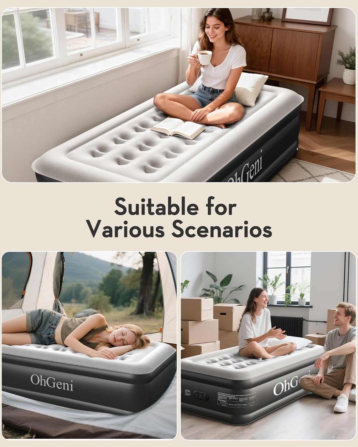 OhGeni Twin Air Mattress with Built in Pump, Blow up Mattresses, Comfortable Sleep Solution for Guests, 18" Raised Colchones Inflables Airbed, Ideal for Home Use and Outdoor Camping