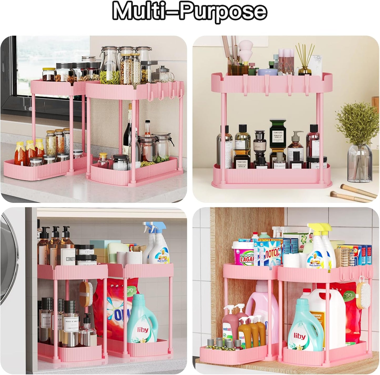 Ukeetap 2 Pack Multi-Purpose Pull-Out Storage Organizers, Under Sink & Cabinet Organizers, 12.8 Inch Pink