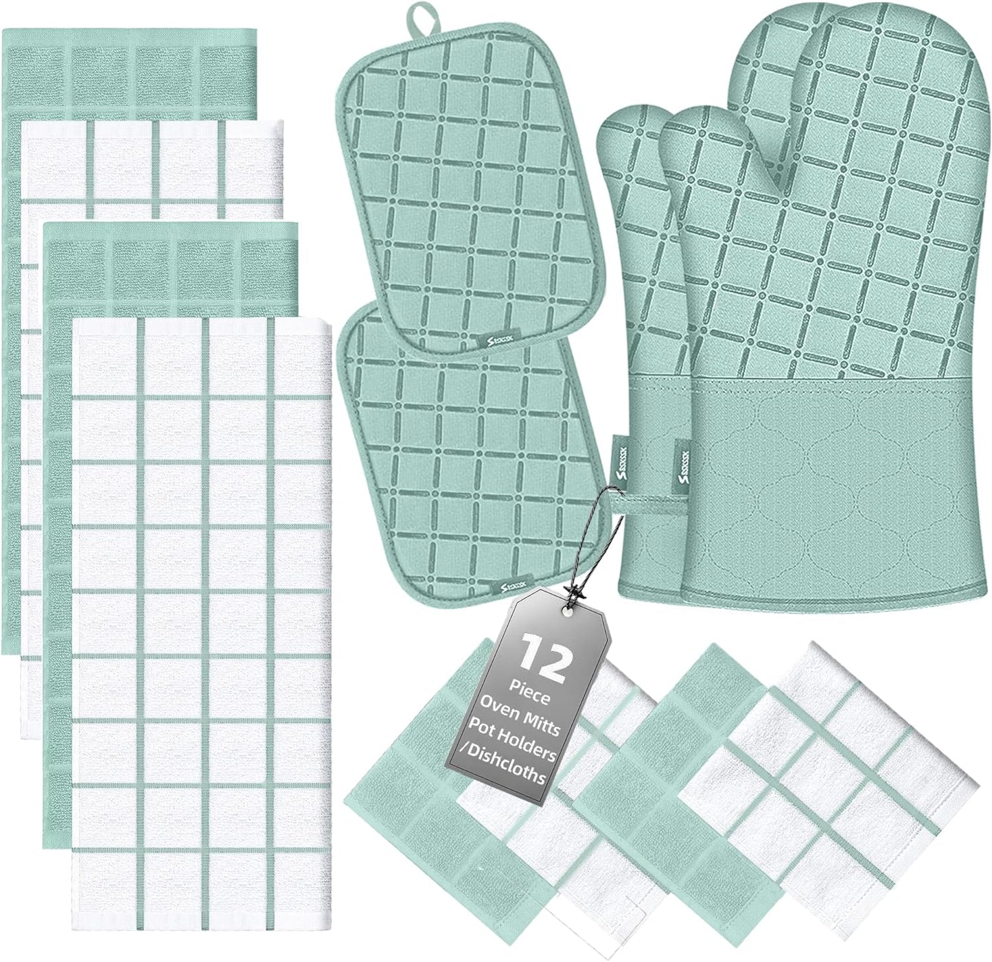 Oven Mitts Kitchen Towels and Dishcloths Pot Holders Sets, Oven Gloves Kitchen Dish Towels 500 Degree Heat Resistant Potholders with Non-Slip Silicone Surface for Cooking, Grilling, Baking-Gray