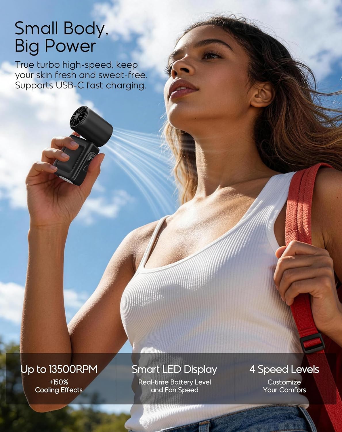 Portable Clip-On Mini Fan, Hands-Free, Turbo Personal Handheld Fans Rechargeable w/ 4 Wind & LED Display, Pocket Size Summer Essentials for Travel/EyeLash/Beach/Concert, Gifts for Women Men(Black)
