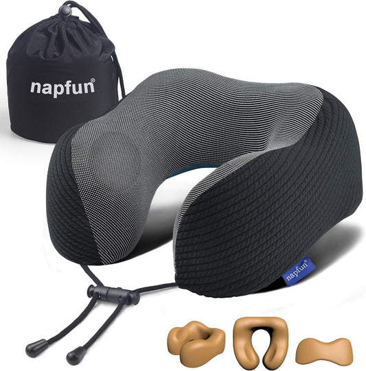 napfun Neck Pillow for Traveling, Upgraded Travel Neck Pillow for Airplane 100% Pure Memory Foam Travel Pillow for Flight Headrest Sleep, Portable Plane Accessories, Charcoal Black