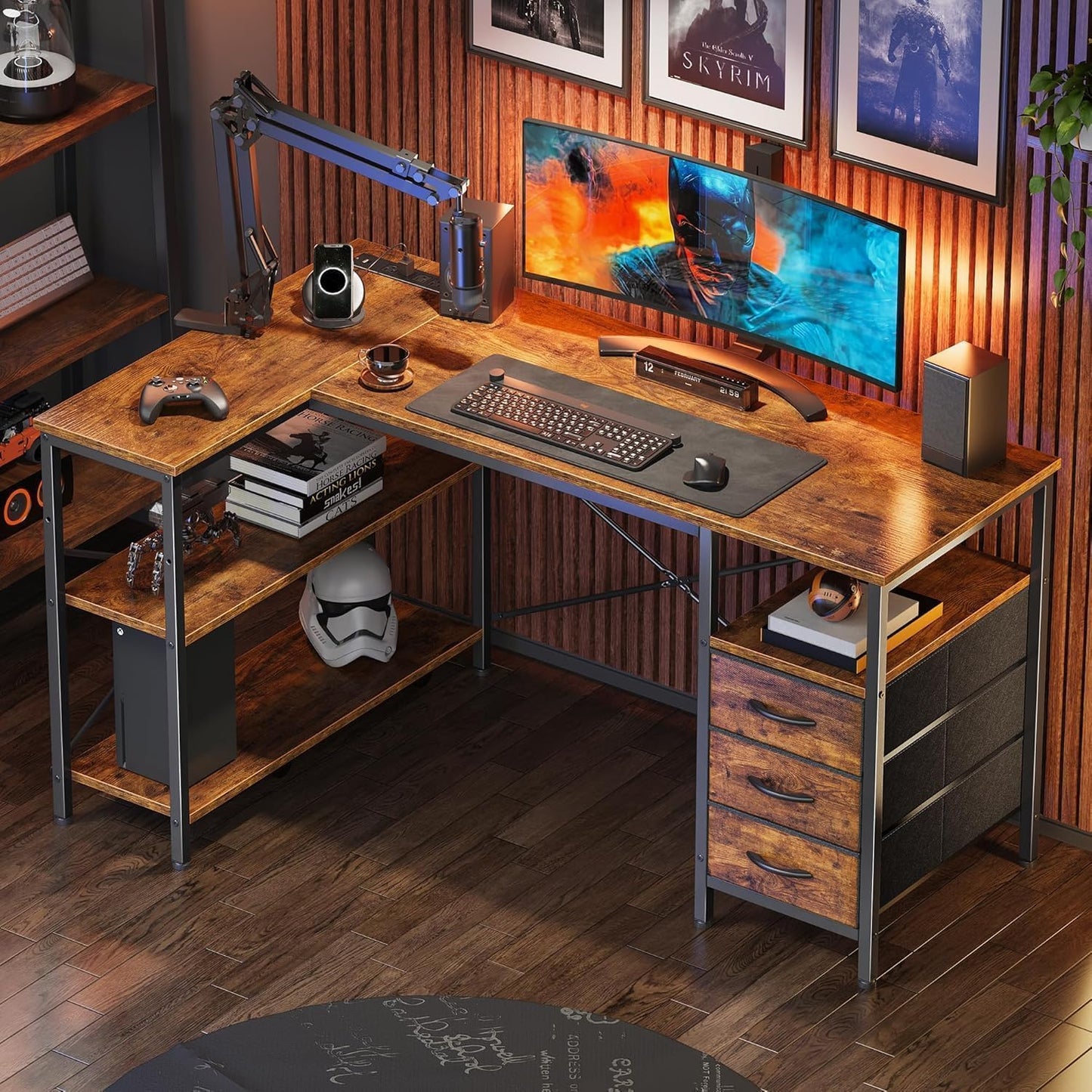 Alpen L Shaped Computer Desk, 47 Inch Corner Desk with Drawers and Power Outlets, Home Office Desk for Gaming, Study Writing PC Table with Storage and Reversible Shelf, Rustic Brown