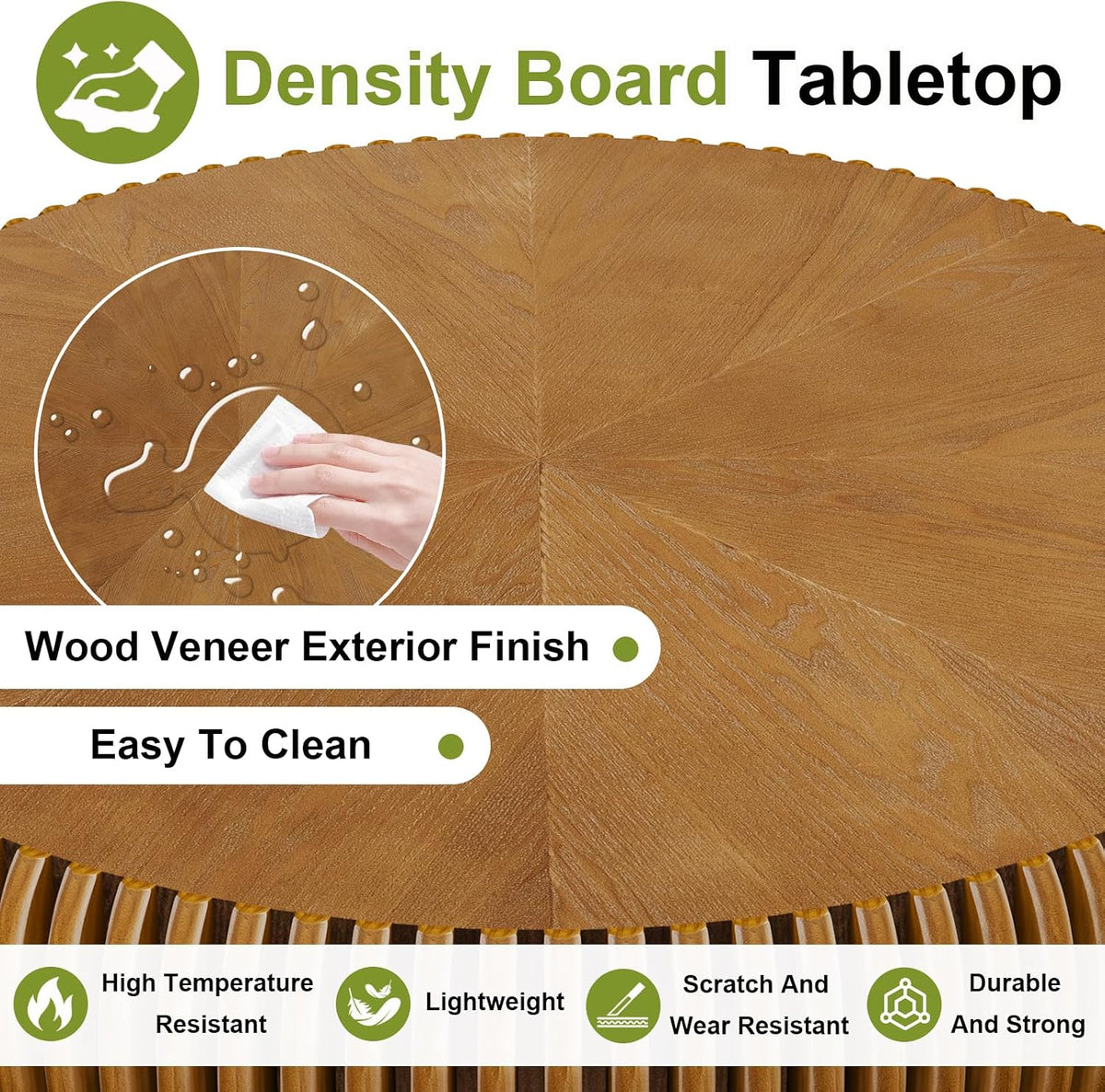 39 inch Brown Round Fluted Wood Drum Coffee Table (J, 1PC)