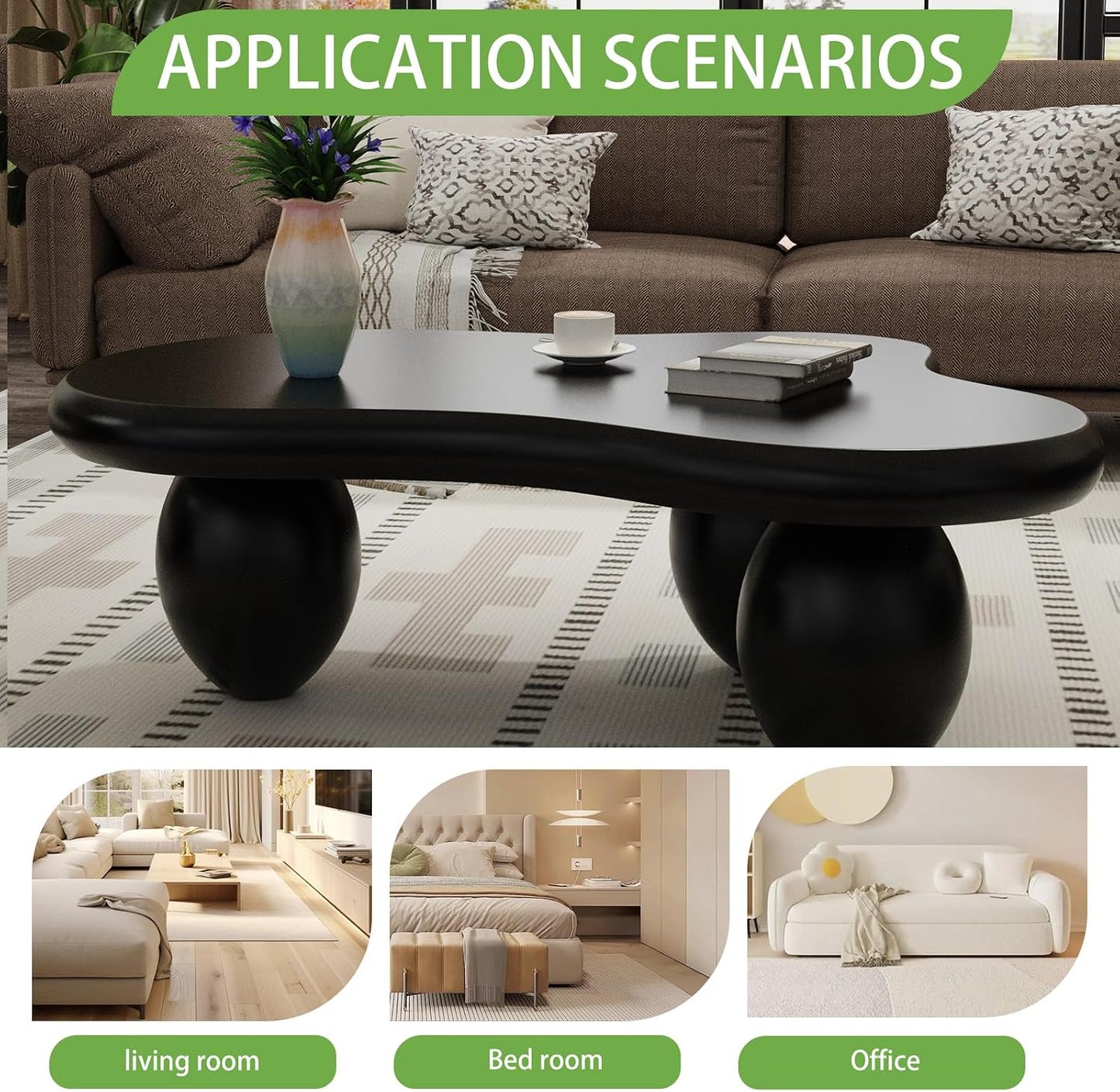 Black Cloud Coffee Table (C Black 47.2in) | Modern Unique Coffee Table for Living Room, Irregular Asymmetrical Center Table for Farmhouse