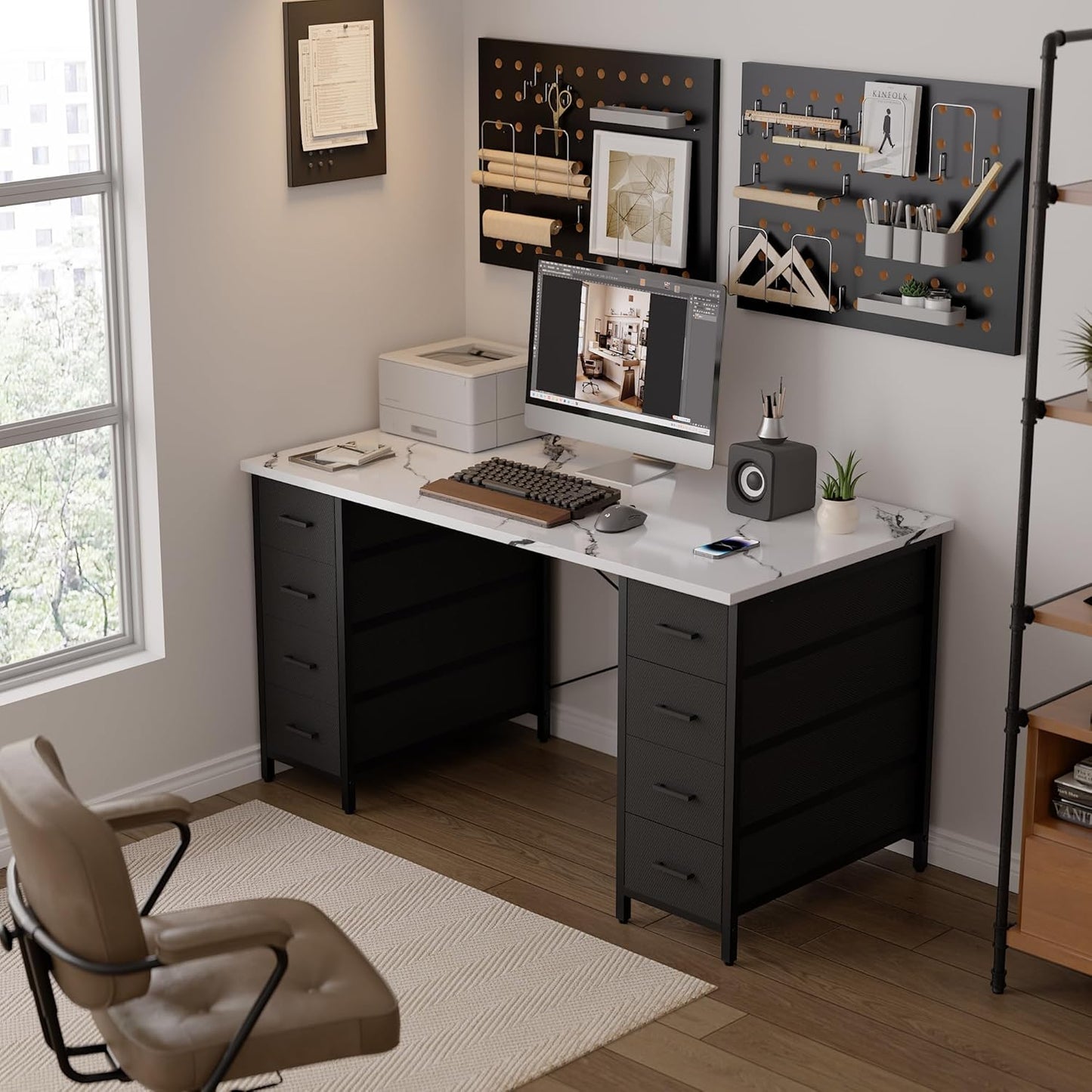 Pamray 47 Inch Computer Desk with 8 Fabric Drawers PC Gaming Desk Home Office Study Work Writing Table for Bedroom Marble