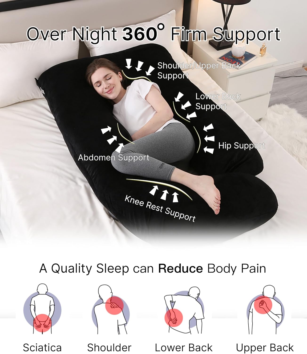 ALLOPERA Pregnancy Pillow, Full Body Maternity Pillow 57 inch, with Removable Washable Cover - Sleep Support for Legs, Back, Neck, Shoulder, HIPS, Belly for Pregnent Women, Velvet (Coal-Black)