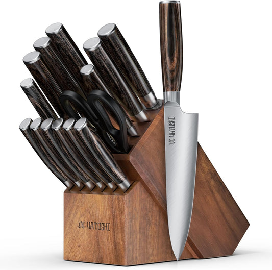 Yatoshi 15 Piece Knife Block Set - Pro Kitchen Knife Set Ultra Sharp High Carbon Stainless Steel with Ergonomic Handle, New