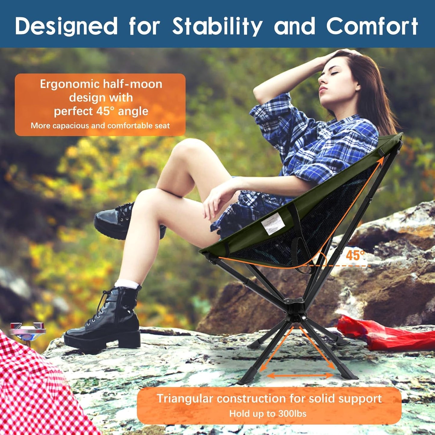 Raynesys Portable Camping Chair 1 Pack, 8 Seconds Quick Setup Folding Camping Chair, Flexible 360° Rotation, 3.8Lb Lightweight Travel Chairs for Easy Carry to Hiking, Sporting, Beach, Army Green
