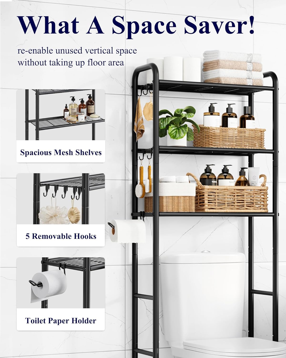 Kitsure Over Toilet Storage Rack - Metal Over Toilet Bathroom Organizer Shelf, Over the Toilet Storage Cabinet with Paper Holder and Hooks, Bathroom Cabinet for Laundry, Black, 3 Tiers (63.2" H)