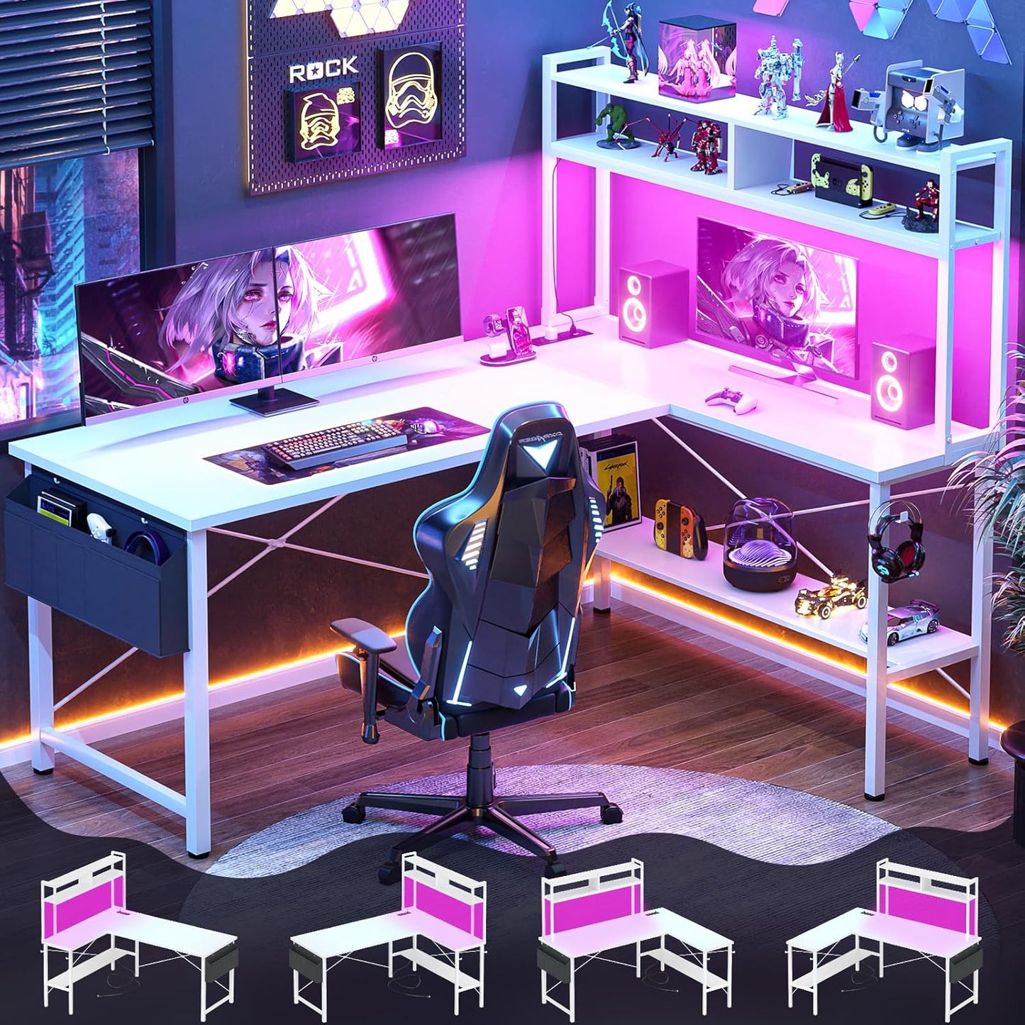 Aheaplus L Shaped Desk Gaming Desk, 59" L Shaped Computer Desk with LED Light & Power Outlet, Reversible Home Office Desk Gamer Desks with Shelves & Storage Bag & Hooks, Corner PC Desk, White