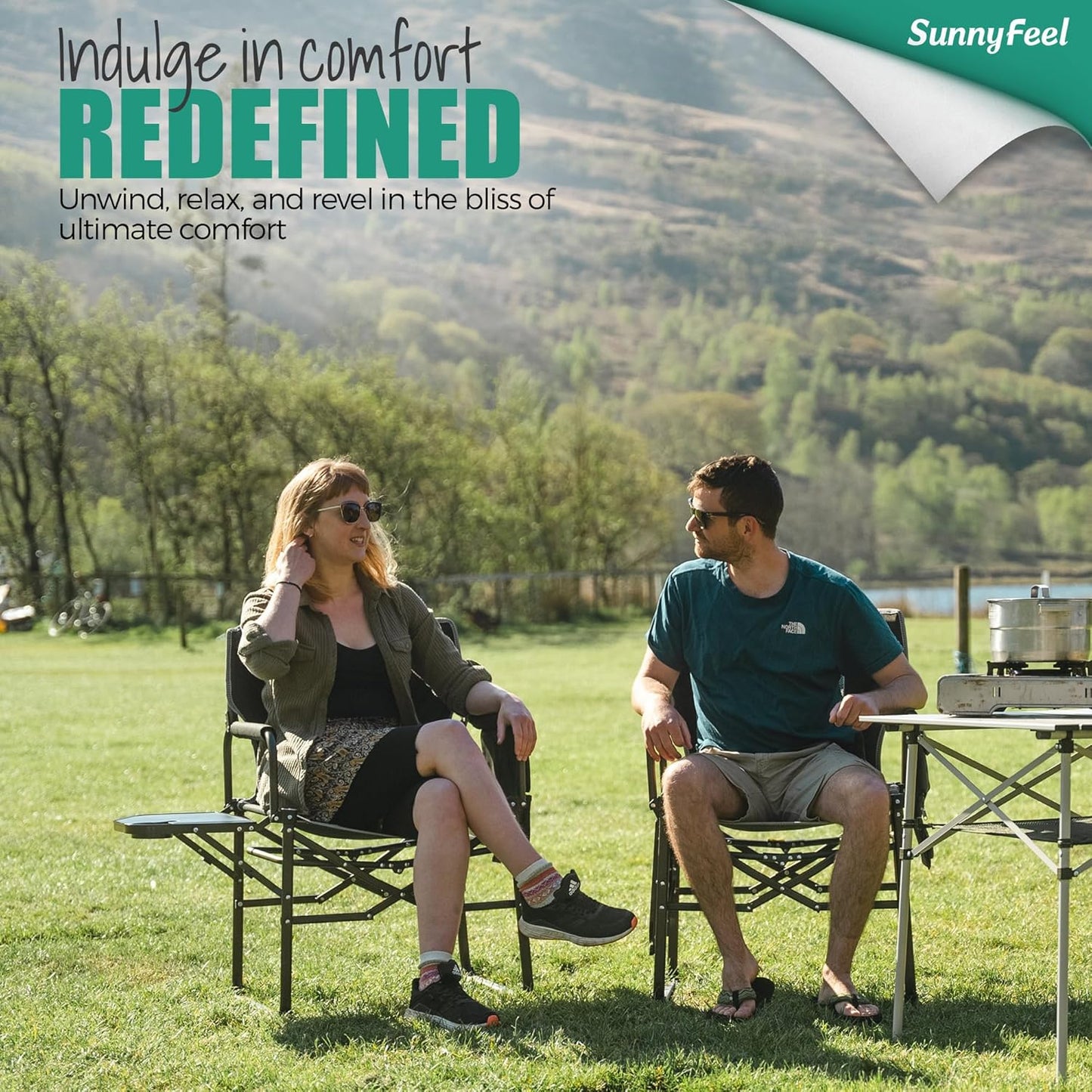 SUNNYFEEL Camping Directors Chair 2 Pack, Heavy Duty,Oversized Portable Folding Chair with Side Table, Pocket for Beach, Fishing,Trip,Picnic,Lawn,Concert Outdoor Foldable Camp Chairs