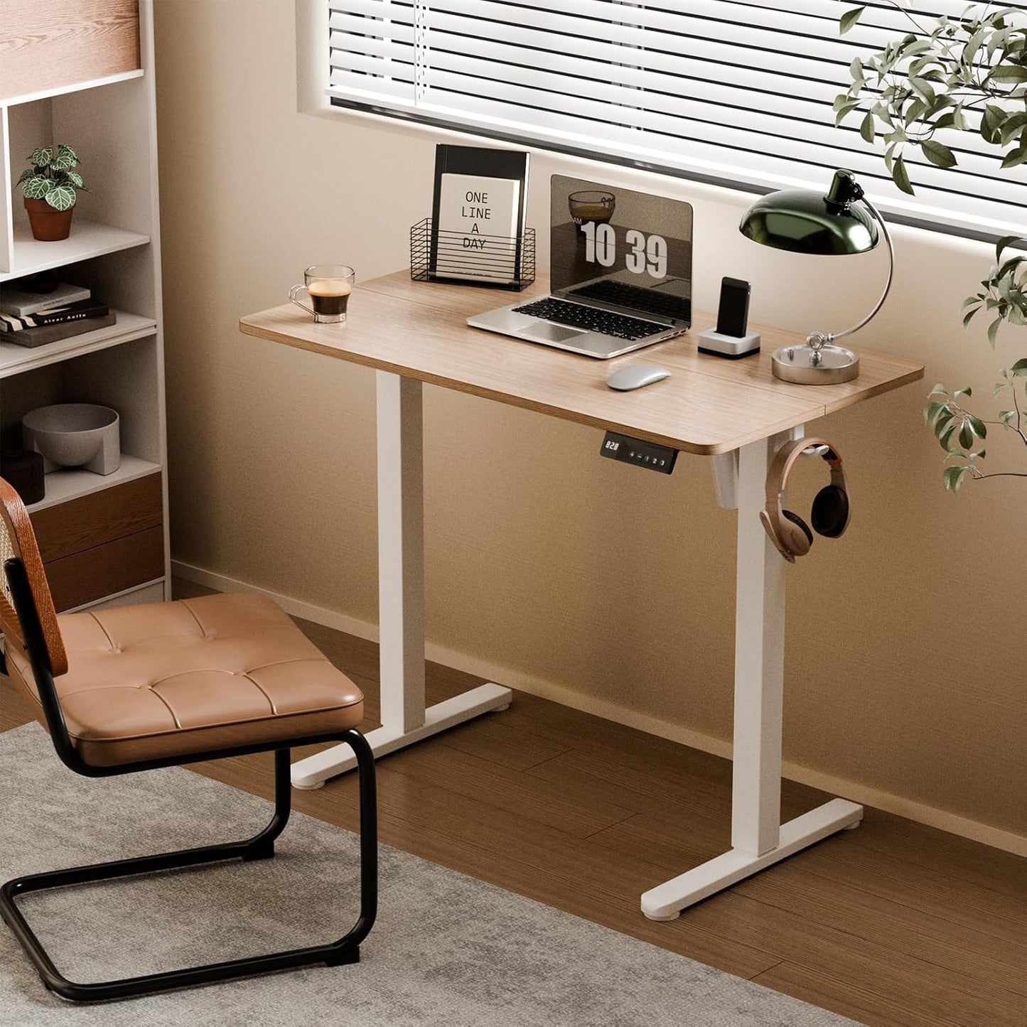 35" Electric Standing Desk Adjustable Height, Small Sit Stand Desk for Home Office & Computer Workstation, Compact Work Desk with Cable Management (Light Walnut)