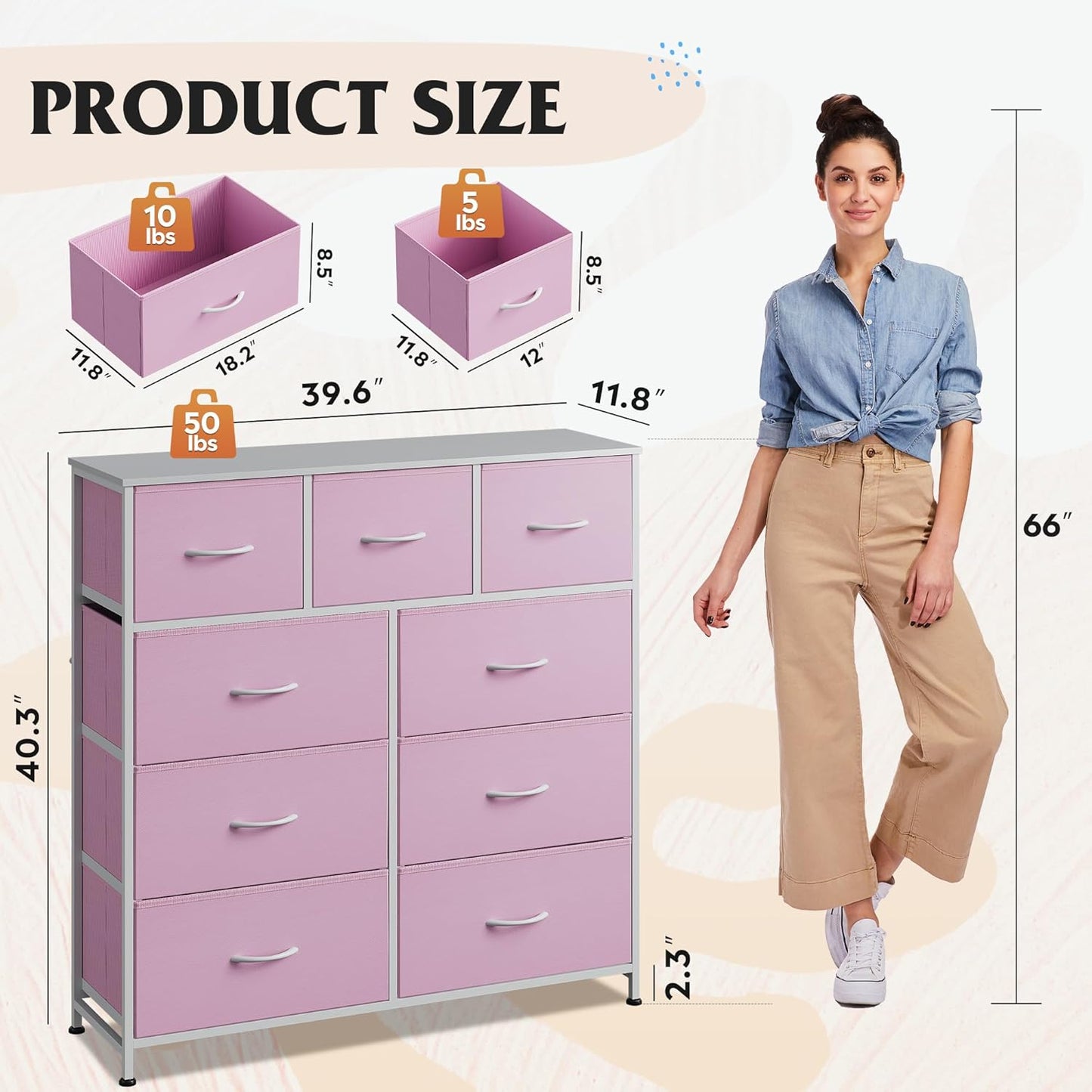 WLIVE 9 Drawer Dresser, Fabric Storage Tower for Bedroom, Hallway, Closet, Tall Chest Organizer Unit for Bedroom with Fabric Bins, Steel Frame, Wood Top, Easy Pull Handle, A-Pink