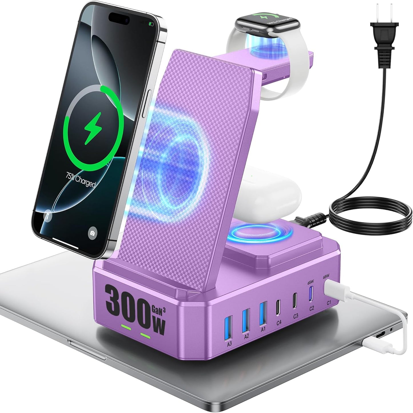 300W Charging Station for Multiple Devices Apple,10 in 1 Wireless Charger for iPhone,GaN III USB C 65W PD Fast Charging Stand Dock for MacBook,iWatch&Airpods (Wireless Charging Only for Apple)