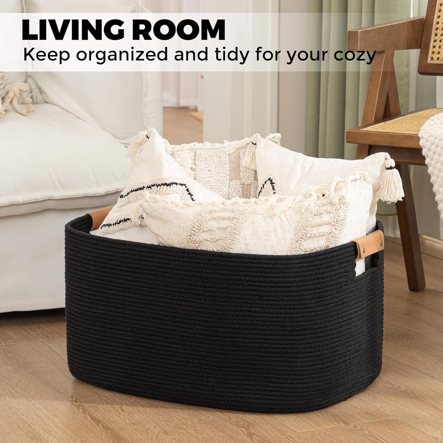 danpinera Large Woven Basket, 108 L Blanket Basket for Living Room, Nursery Bin for Toys Organizing & Laundry, Cotton Rope Hamper with Leather Handle, 25’’*16’’*16’’ Black
